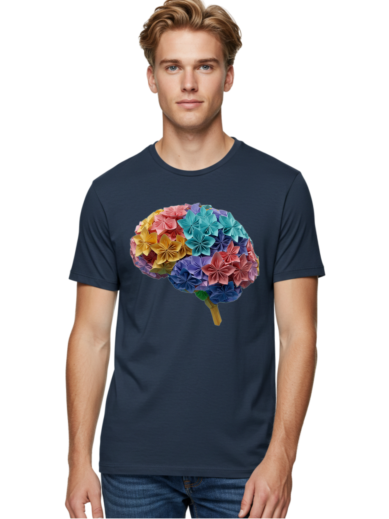 Tree-With-Origami-Flowers Men'S Graphic Tee, 100% Cotton, Comfortable Casual Summer Wear, Machine Washable, Origami Flowers, Colorful Tree, Paper Art, Folded Flowers, Creative Design, Vibrant Colors, Artful Arrangement, Decorative Piece, Bae108