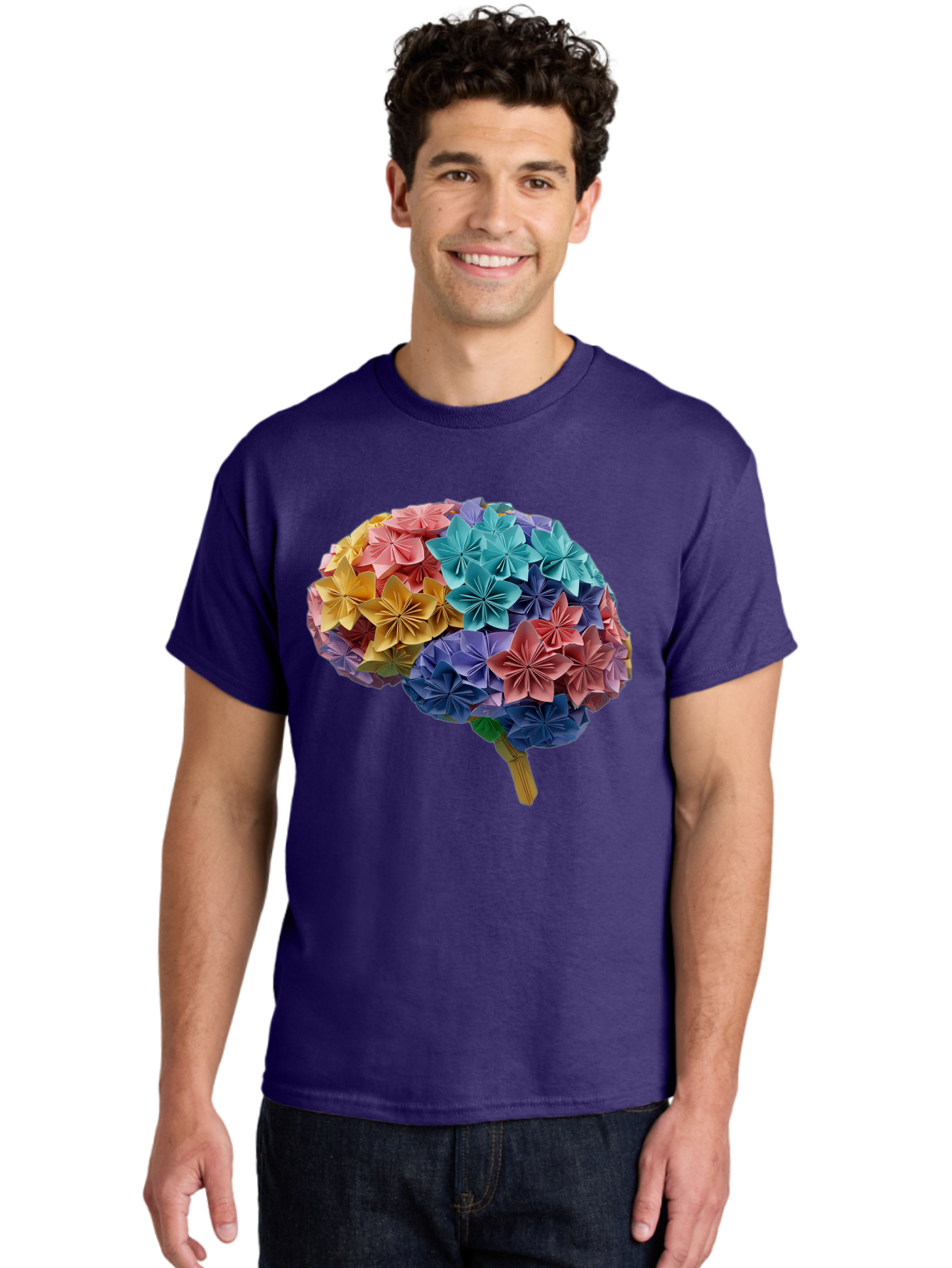Tree-With-Origami-Flowers Men'S Graphic Tee, 100% Cotton, Comfortable Casual Summer Wear, Machine Washable, Origami Flowers, Colorful Tree, Paper Art, Folded Flowers, Creative Design, Vibrant Colors, Artful Arrangement, Decorative Piece, Bae108