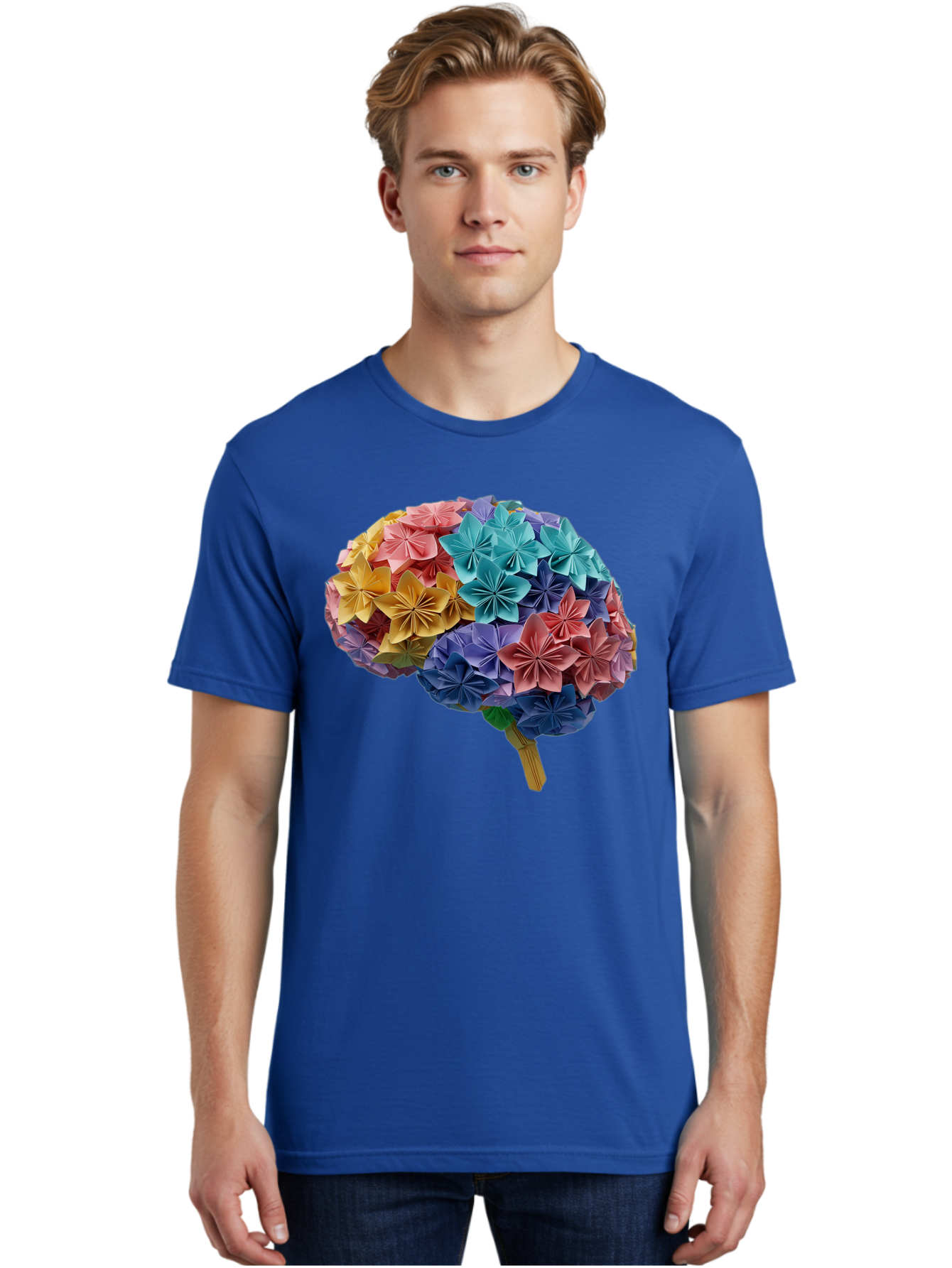 Tree-With-Origami-Flowers Men'S Graphic Tee, 100% Cotton, Comfortable Casual Summer Wear, Machine Washable, Origami Flowers, Colorful Tree, Paper Art, Folded Flowers, Creative Design, Vibrant Colors, Artful Arrangement, Decorative Piece, Bae108