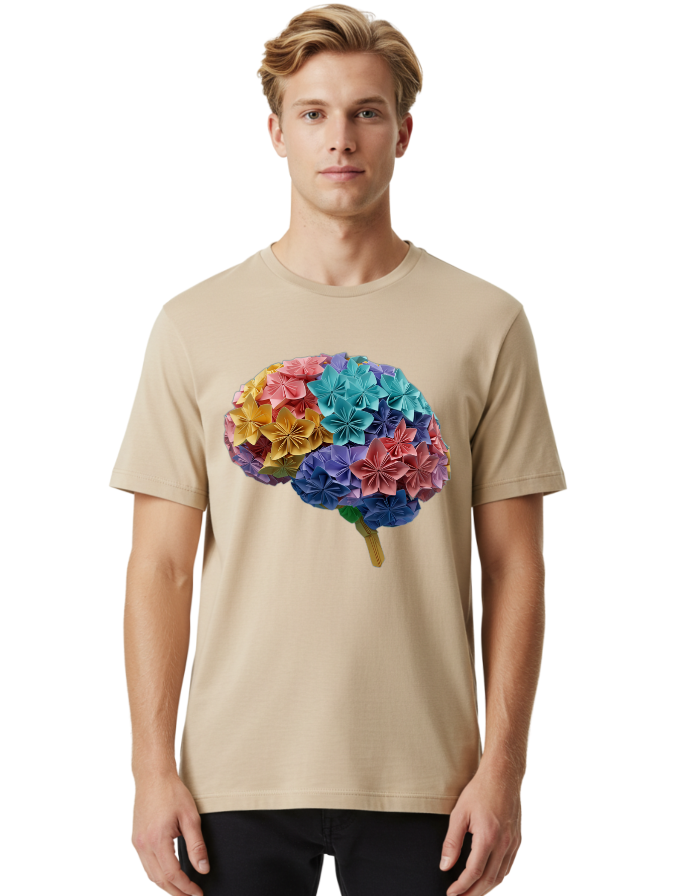 Tree-With-Origami-Flowers Men'S Graphic Tee, 100% Cotton, Comfortable Casual Summer Wear, Machine Washable, Origami Flowers, Colorful Tree, Paper Art, Folded Flowers, Creative Design, Vibrant Colors, Artful Arrangement, Decorative Piece, Bae108