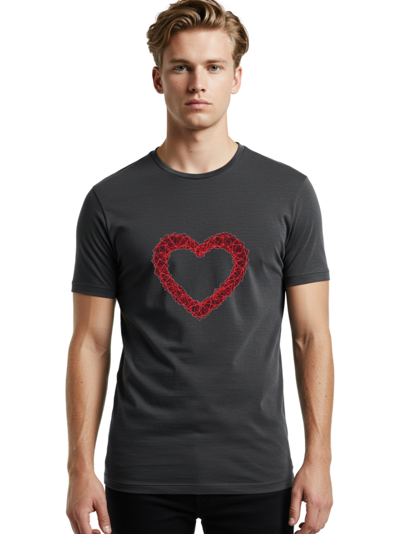 Wireframe-Heart Men'S Graphic Tee, 100% Cotton, Comfortable Casual Summer Wear, Machine Washable, Heart Shape, Red Geometric Pattern, Complex Network, Interconnected Lines, Symbolic Representation, Love, Valentines Day, Abstract Art, Bae109