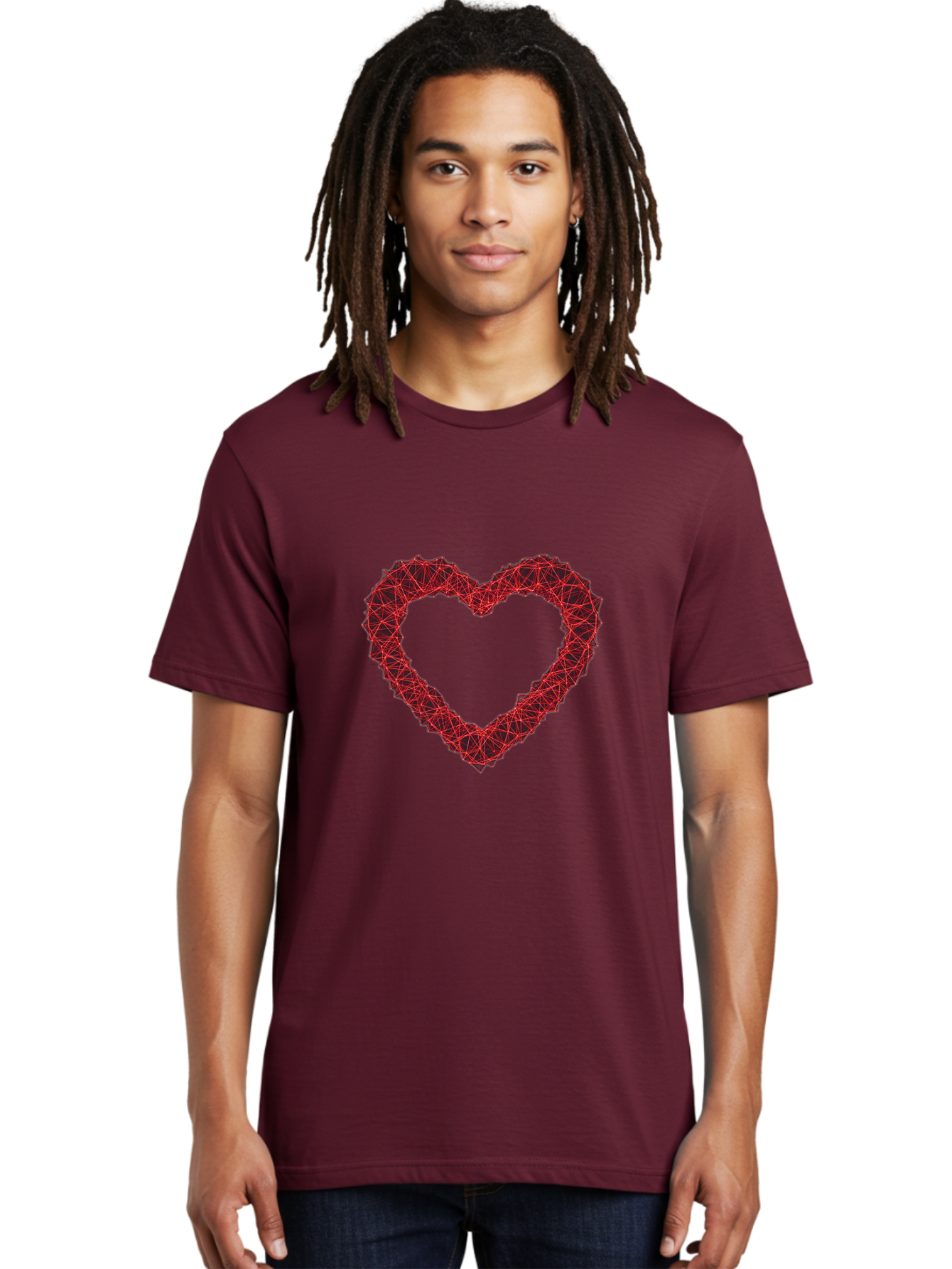 Wireframe-Heart Men'S Graphic Tee, 100% Cotton, Comfortable Casual Summer Wear, Machine Washable, Heart Shape, Red Geometric Pattern, Complex Network, Interconnected Lines, Symbolic Representation, Love, Valentines Day, Abstract Art, Bae109