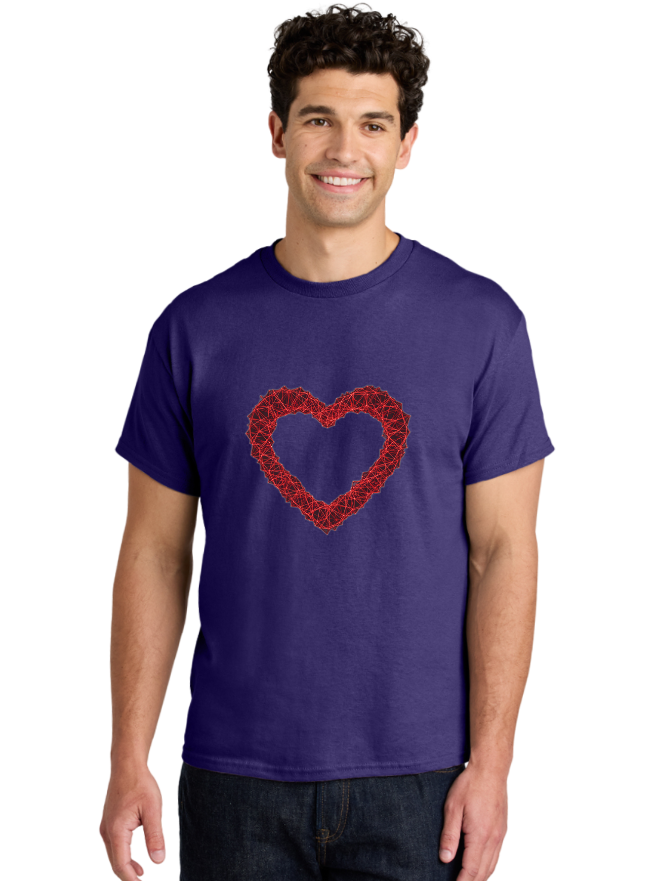 Wireframe-Heart Men'S Graphic Tee, 100% Cotton, Comfortable Casual Summer Wear, Machine Washable, Heart Shape, Red Geometric Pattern, Complex Network, Interconnected Lines, Symbolic Representation, Love, Valentines Day, Abstract Art, Bae109