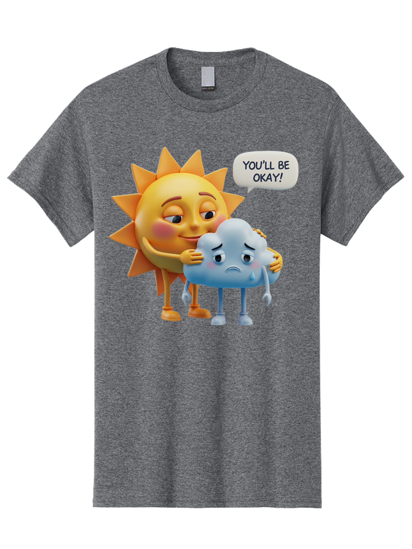 You-Ll-Be-Okay Men'S Graphic Tee, 100% Cotton, Comfortable Casual Summer Wear, Machine Washable, Sun Hugging Sad Cloud, Reassuring Words, Emotional Support, Comforting Scene, Mental Health Awareness, Positivity, Friendship, Cartoon Characters Bae110