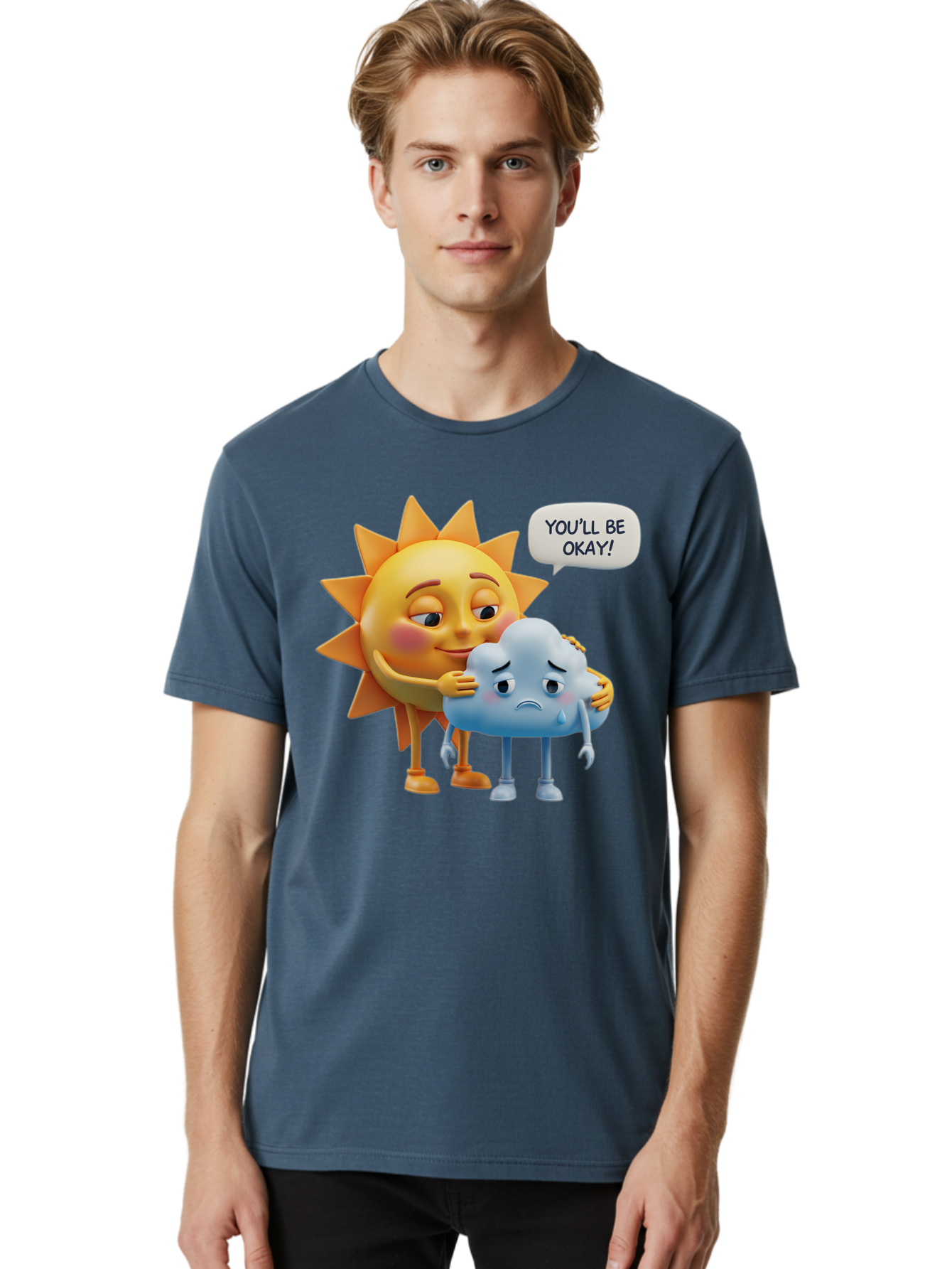 You-Ll-Be-Okay Men'S Graphic Tee, 100% Cotton, Comfortable Casual Summer Wear, Machine Washable, Sun Hugging Sad Cloud, Reassuring Words, Emotional Support, Comforting Scene, Mental Health Awareness, Positivity, Friendship, Cartoon Characters Bae110