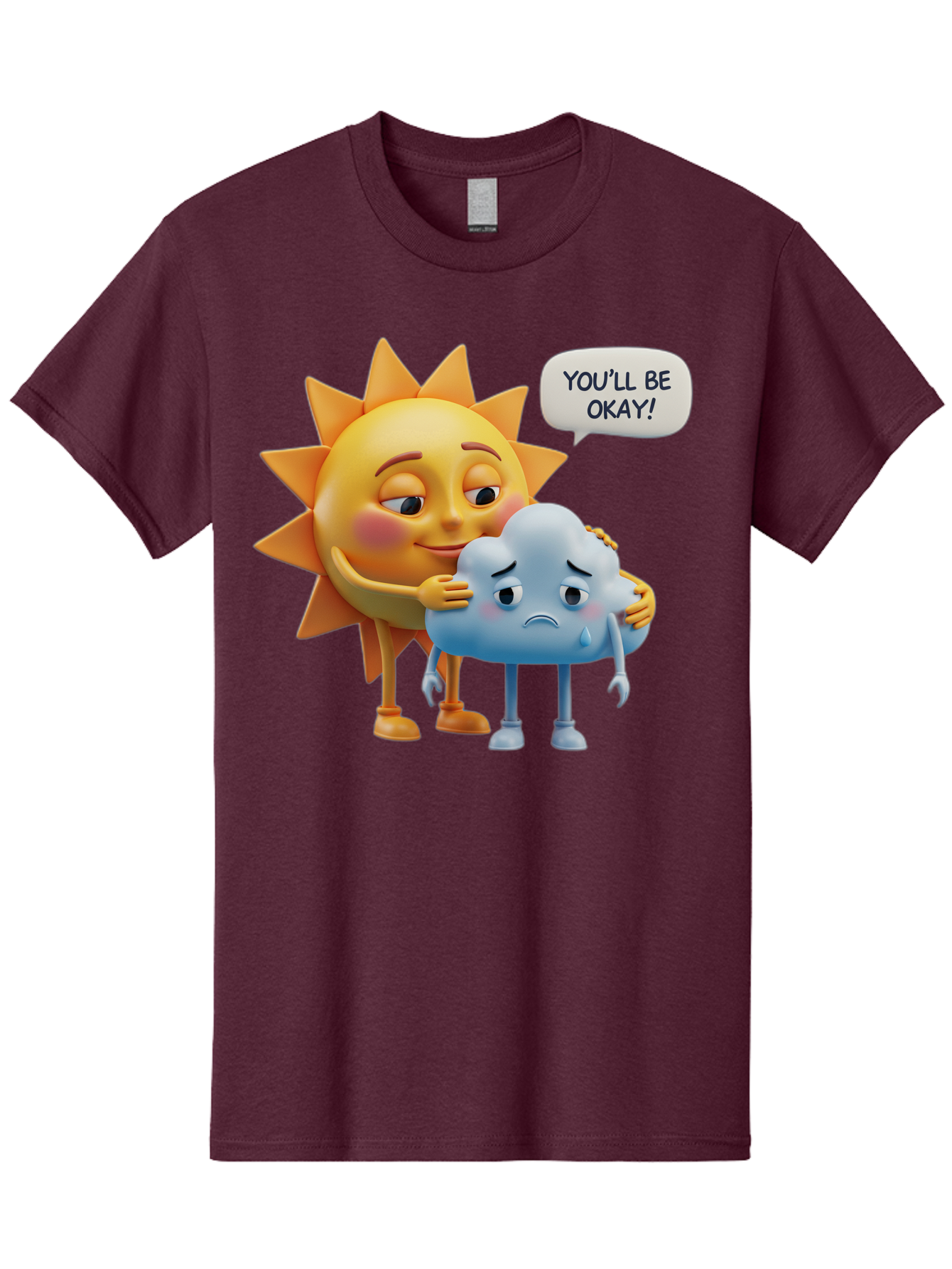 You-Ll-Be-Okay Men'S Graphic Tee, 100% Cotton, Comfortable Casual Summer Wear, Machine Washable, Sun Hugging Sad Cloud, Reassuring Words, Emotional Support, Comforting Scene, Mental Health Awareness, Positivity, Friendship, Cartoon Characters Bae110