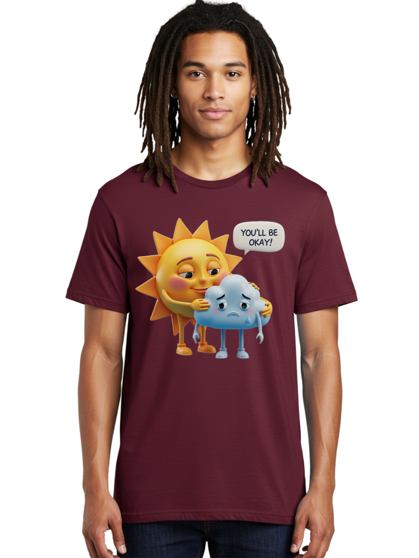 You-Ll-Be-Okay Men'S Graphic Tee, 100% Cotton, Comfortable Casual Summer Wear, Machine Washable, Sun Hugging Sad Cloud, Reassuring Words, Emotional Support, Comforting Scene, Mental Health Awareness, Positivity, Friendship, Cartoon Characters Bae110