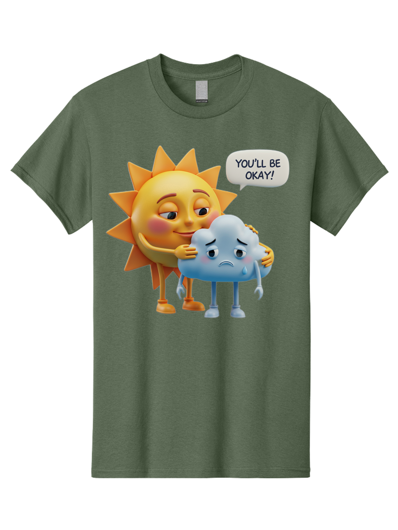 You-Ll-Be-Okay Men'S Graphic Tee, 100% Cotton, Comfortable Casual Summer Wear, Machine Washable, Sun Hugging Sad Cloud, Reassuring Words, Emotional Support, Comforting Scene, Mental Health Awareness, Positivity, Friendship, Cartoon Characters Bae110