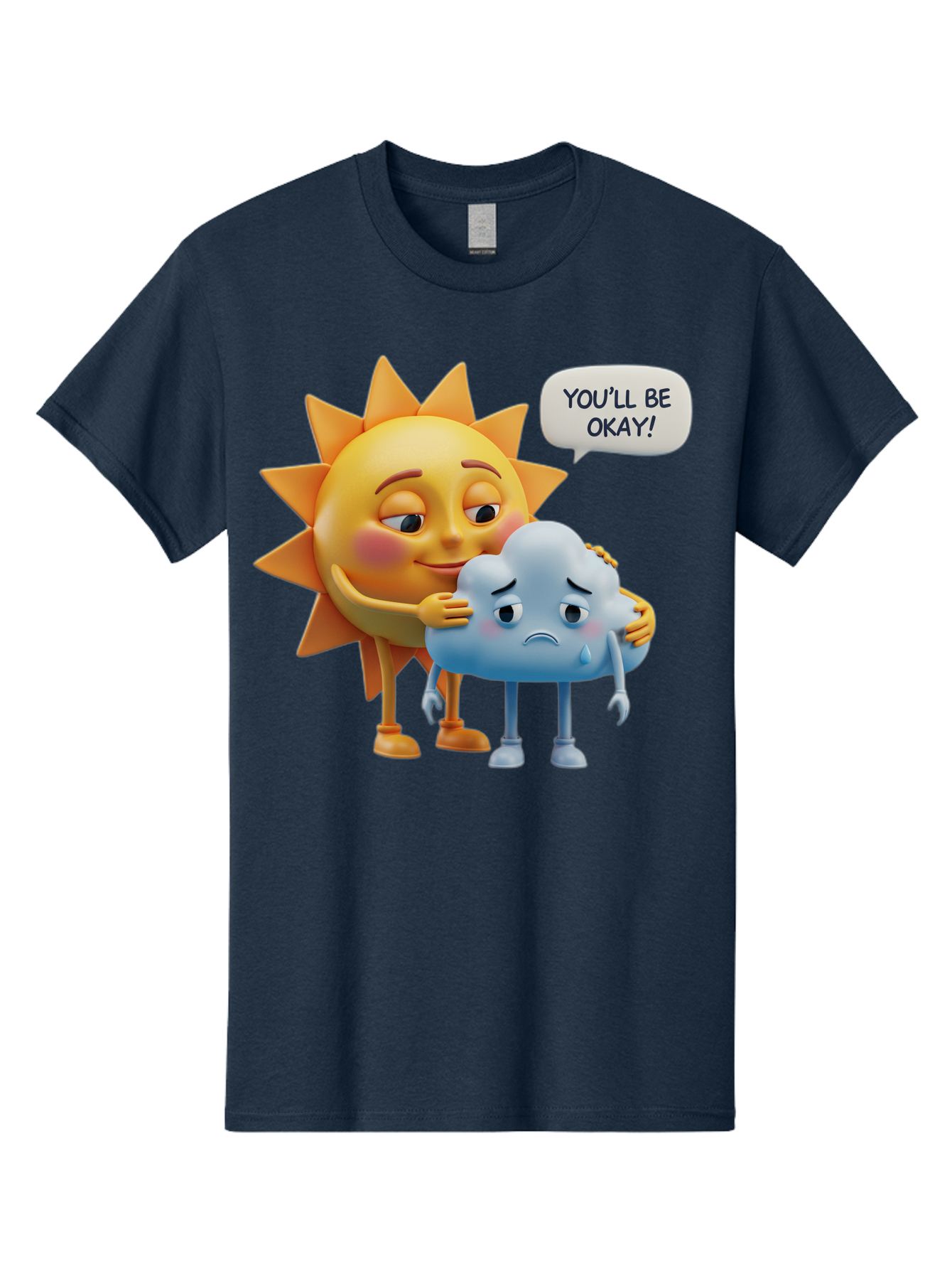 You-Ll-Be-Okay Men'S Graphic Tee, 100% Cotton, Comfortable Casual Summer Wear, Machine Washable, Sun Hugging Sad Cloud, Reassuring Words, Emotional Support, Comforting Scene, Mental Health Awareness, Positivity, Friendship, Cartoon Characters Bae110