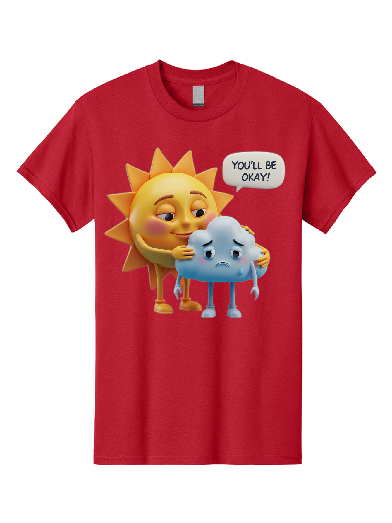 You-Ll-Be-Okay Men'S Graphic Tee, 100% Cotton, Comfortable Casual Summer Wear, Machine Washable, Sun Hugging Sad Cloud, Reassuring Words, Emotional Support, Comforting Scene, Mental Health Awareness, Positivity, Friendship, Cartoon Characters Bae110