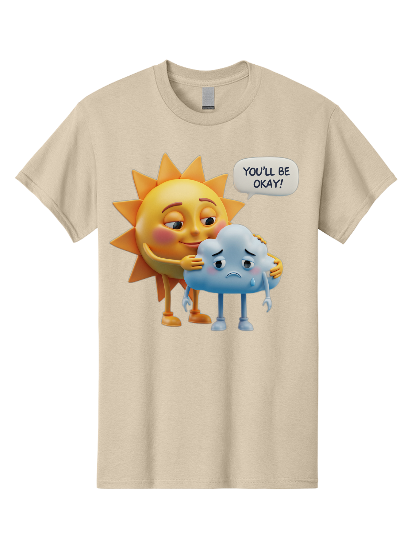 You-Ll-Be-Okay Men'S Graphic Tee, 100% Cotton, Comfortable Casual Summer Wear, Machine Washable, Sun Hugging Sad Cloud, Reassuring Words, Emotional Support, Comforting Scene, Mental Health Awareness, Positivity, Friendship, Cartoon Characters Bae110