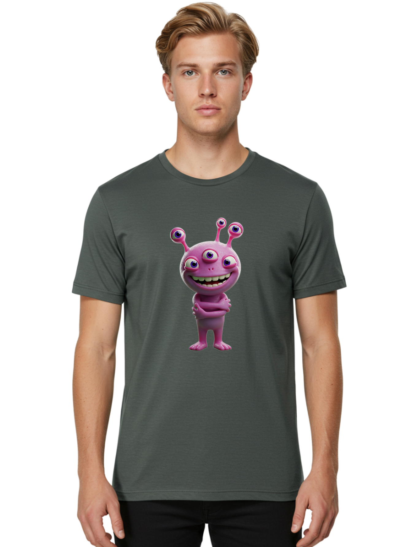 Alien-Character Men'S Graphic Tee, 100% Cotton, Comfortable Casual Summer Wear, Machine Washable, Pink Alien, Cartoon Character, Multiple Eyes, Wide Smile, Playful Vibe, Funny Creature, 3D Illustration, Fantasy Being, Happy Face, Playful Eyes Bae111