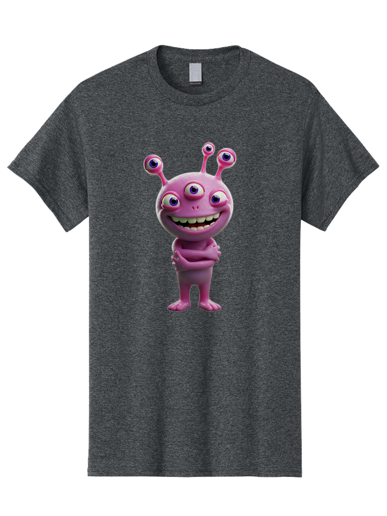 Alien-Character Men'S Graphic Tee, 100% Cotton, Comfortable Casual Summer Wear, Machine Washable, Pink Alien, Cartoon Character, Multiple Eyes, Wide Smile, Playful Vibe, Funny Creature, 3D Illustration, Fantasy Being, Happy Face, Playful Eyes Bae111