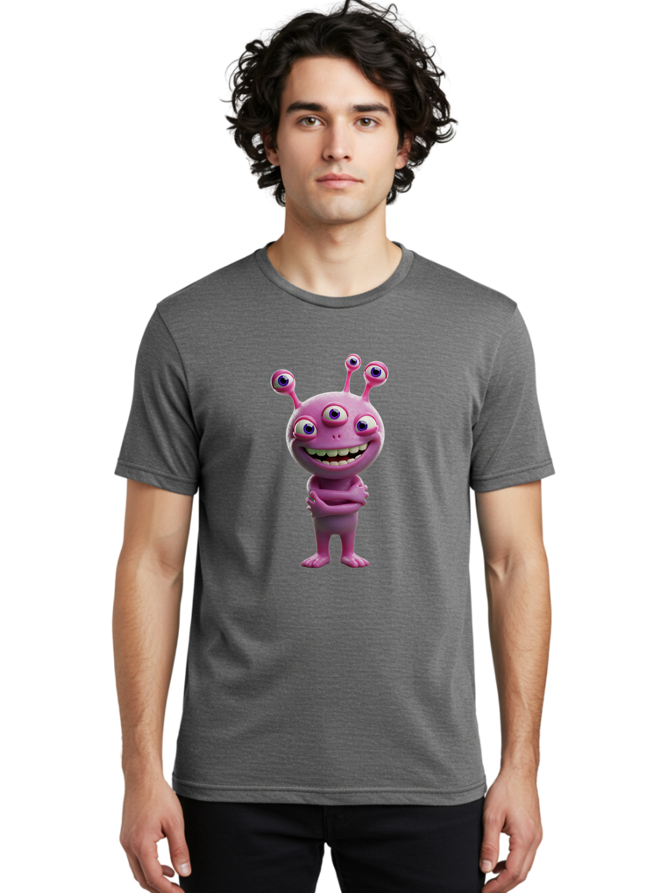 Alien-Character Men'S Graphic Tee, 100% Cotton, Comfortable Casual Summer Wear, Machine Washable, Pink Alien, Cartoon Character, Multiple Eyes, Wide Smile, Playful Vibe, Funny Creature, 3D Illustration, Fantasy Being, Happy Face, Playful Eyes Bae111