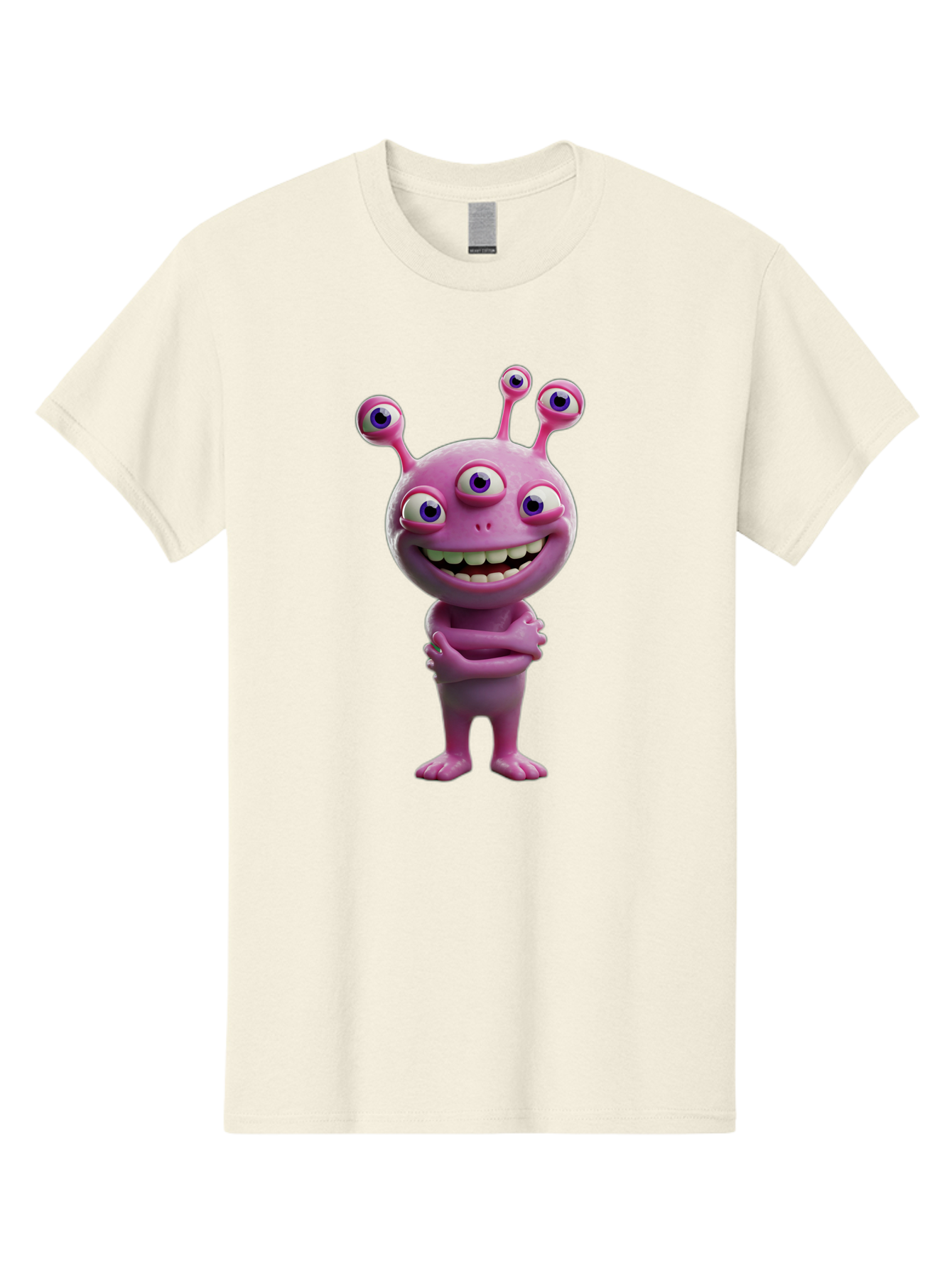 Alien-Character Men'S Graphic Tee, 100% Cotton, Comfortable Casual Summer Wear, Machine Washable, Pink Alien, Cartoon Character, Multiple Eyes, Wide Smile, Playful Vibe, Funny Creature, 3D Illustration, Fantasy Being, Happy Face, Playful Eyes Bae111