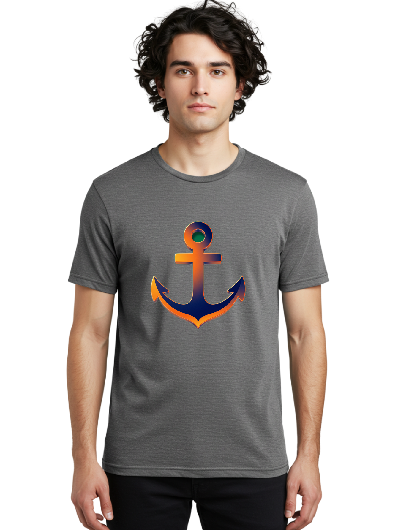 Anchor Men'S Graphic Tee, 100% Cotton, Comfortable Casual Summer Wear, Machine Washable, Anchor Symbol, Nautical Theme, Navy Blue And Orange Gradient, 3D Effect, Maritime Icon, Bold Design, Gradient Colors, Anchor Illustration Bae114