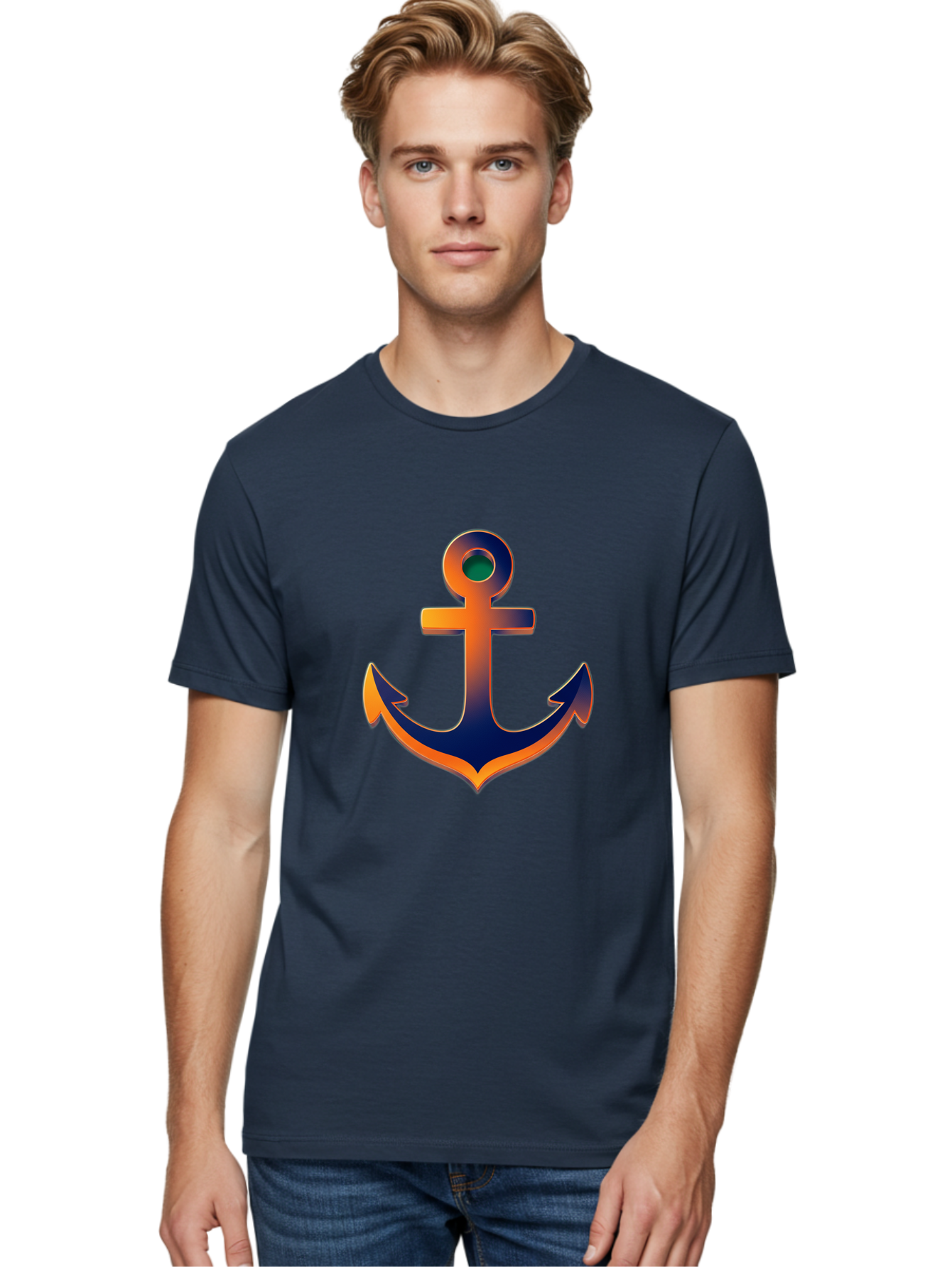 Anchor Men'S Graphic Tee, 100% Cotton, Comfortable Casual Summer Wear, Machine Washable, Anchor Symbol, Nautical Theme, Navy Blue And Orange Gradient, 3D Effect, Maritime Icon, Bold Design, Gradient Colors, Anchor Illustration Bae114
