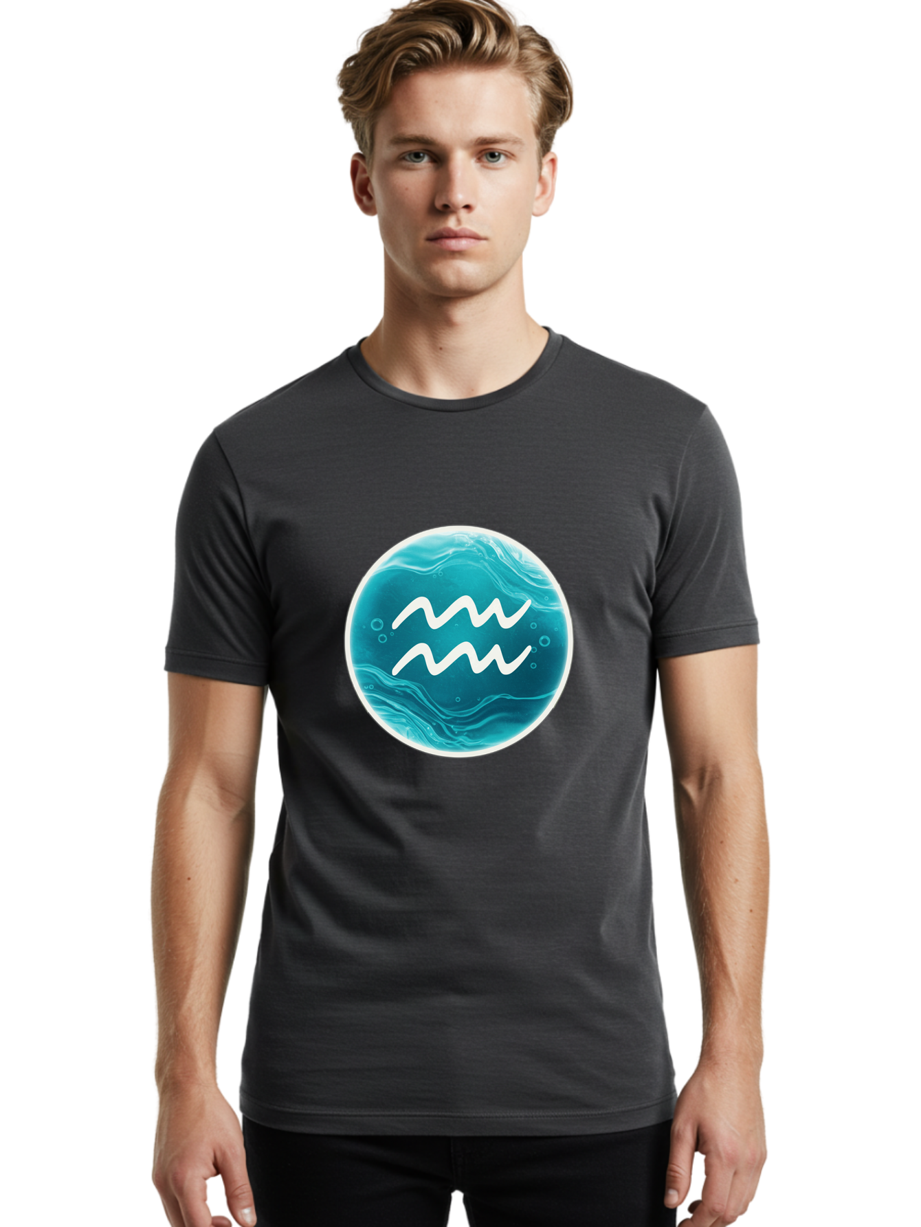 Aquarius Men'S Graphic Tee, 100% Cotton, Comfortable Casual Summer Wear, Machine Washable, Zodiac Symbol, Water Bearer Sign, Astrology Symbol, Aquarius Symbol, White Waves, Blue Circle, Mystical Design, Esoteric Art Bae115