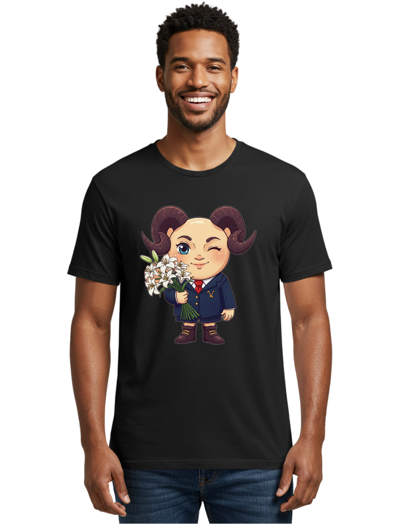 Aries-Zodiac-Cartoon-Character Men'S Graphic Tee, 100% Cotton, Comfortable Casual Summer Wear, Machine Washable, Cartoon Aries Character, Formal Attire, Bouquet Of White Flowers, Astrology Symbol, Zodiac Sign, Unique Illustration, Bae117