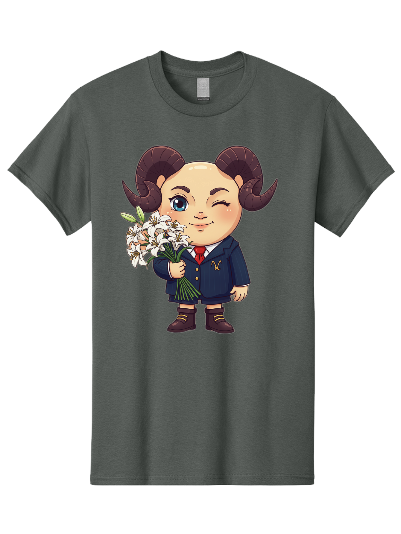 Aries-Zodiac-Cartoon-Character Men'S Graphic Tee, 100% Cotton, Comfortable Casual Summer Wear, Machine Washable, Cartoon Aries Character, Formal Attire, Bouquet Of White Flowers, Astrology Symbol, Zodiac Sign, Unique Illustration, Bae117