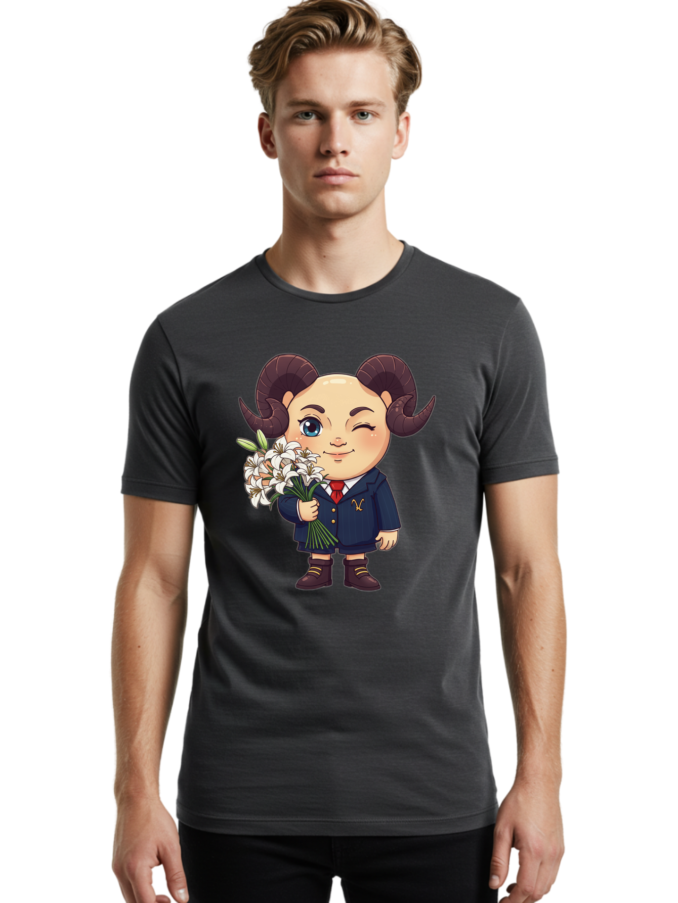 Aries-Zodiac-Cartoon-Character Men'S Graphic Tee, 100% Cotton, Comfortable Casual Summer Wear, Machine Washable, Cartoon Aries Character, Formal Attire, Bouquet Of White Flowers, Astrology Symbol, Zodiac Sign, Unique Illustration, Bae117