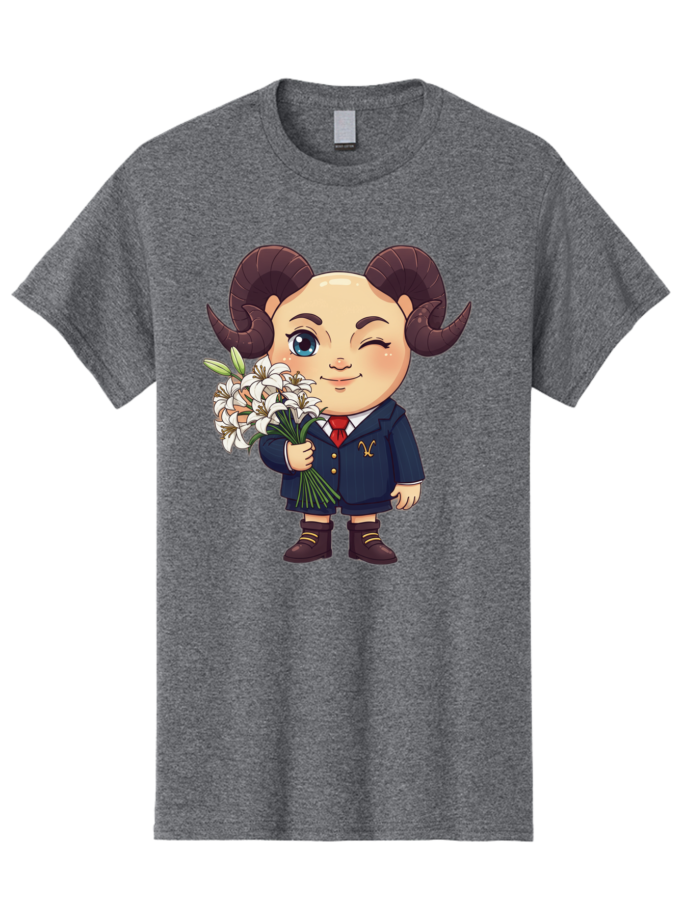 Aries-Zodiac-Cartoon-Character Men'S Graphic Tee, 100% Cotton, Comfortable Casual Summer Wear, Machine Washable, Cartoon Aries Character, Formal Attire, Bouquet Of White Flowers, Astrology Symbol, Zodiac Sign, Unique Illustration, Bae117
