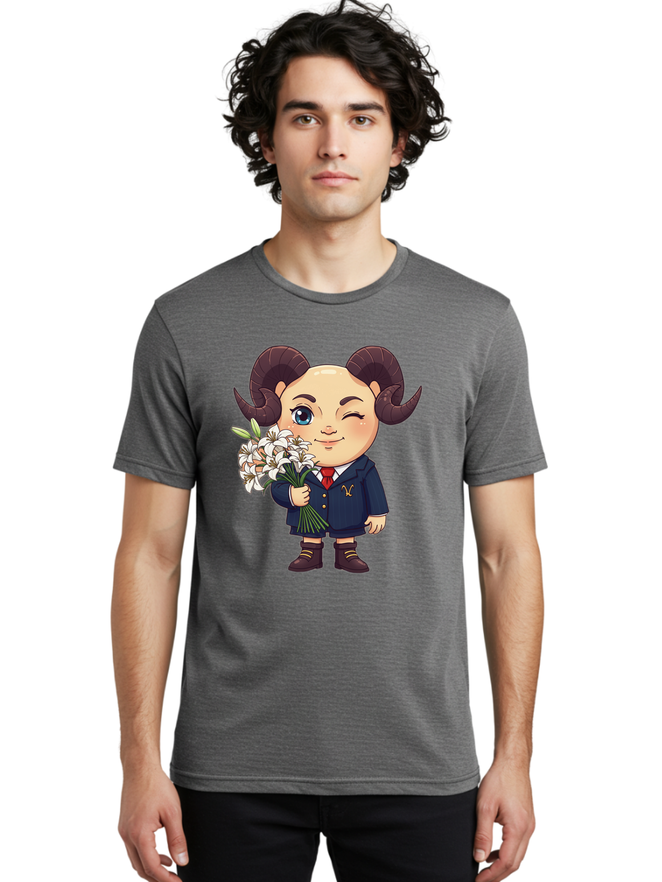 Aries-Zodiac-Cartoon-Character Men'S Graphic Tee, 100% Cotton, Comfortable Casual Summer Wear, Machine Washable, Cartoon Aries Character, Formal Attire, Bouquet Of White Flowers, Astrology Symbol, Zodiac Sign, Unique Illustration, Bae117