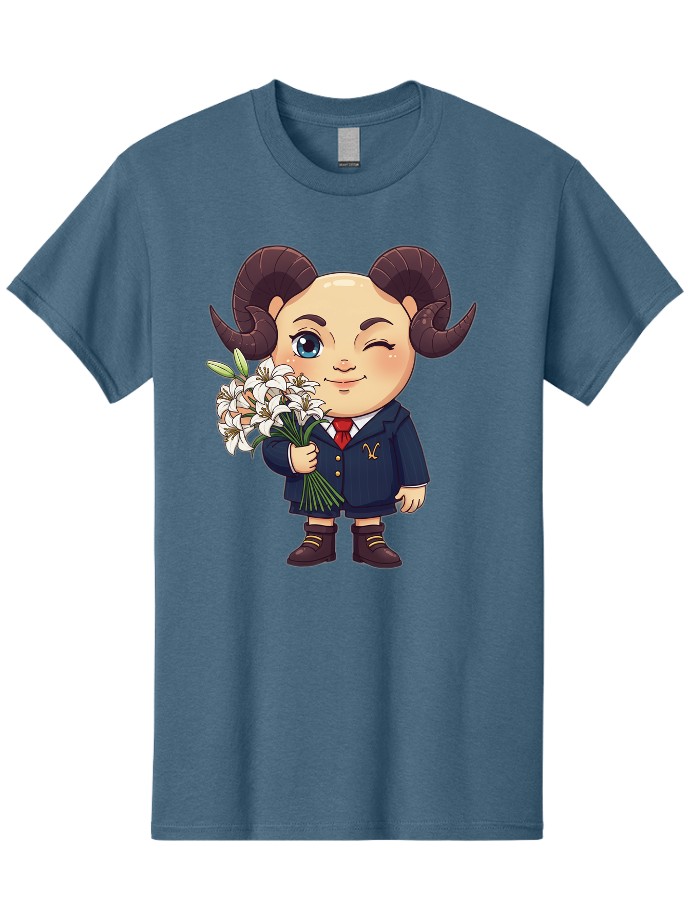 Aries-Zodiac-Cartoon-Character Men'S Graphic Tee, 100% Cotton, Comfortable Casual Summer Wear, Machine Washable, Cartoon Aries Character, Formal Attire, Bouquet Of White Flowers, Astrology Symbol, Zodiac Sign, Unique Illustration, Bae117