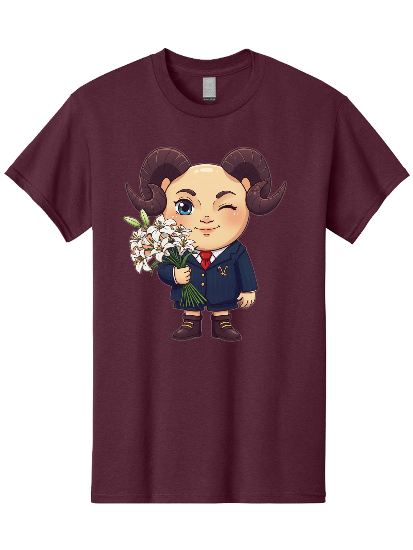 Aries-Zodiac-Cartoon-Character Men'S Graphic Tee, 100% Cotton, Comfortable Casual Summer Wear, Machine Washable, Cartoon Aries Character, Formal Attire, Bouquet Of White Flowers, Astrology Symbol, Zodiac Sign, Unique Illustration, Bae117