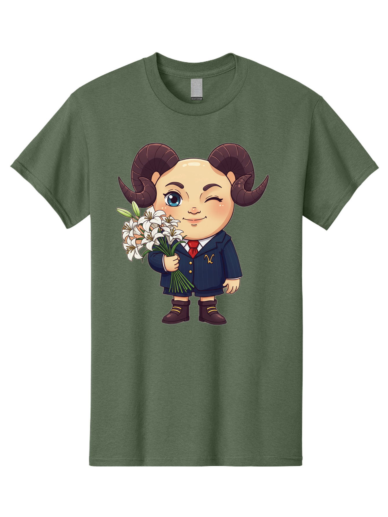 Aries-Zodiac-Cartoon-Character Men'S Graphic Tee, 100% Cotton, Comfortable Casual Summer Wear, Machine Washable, Cartoon Aries Character, Formal Attire, Bouquet Of White Flowers, Astrology Symbol, Zodiac Sign, Unique Illustration, Bae117