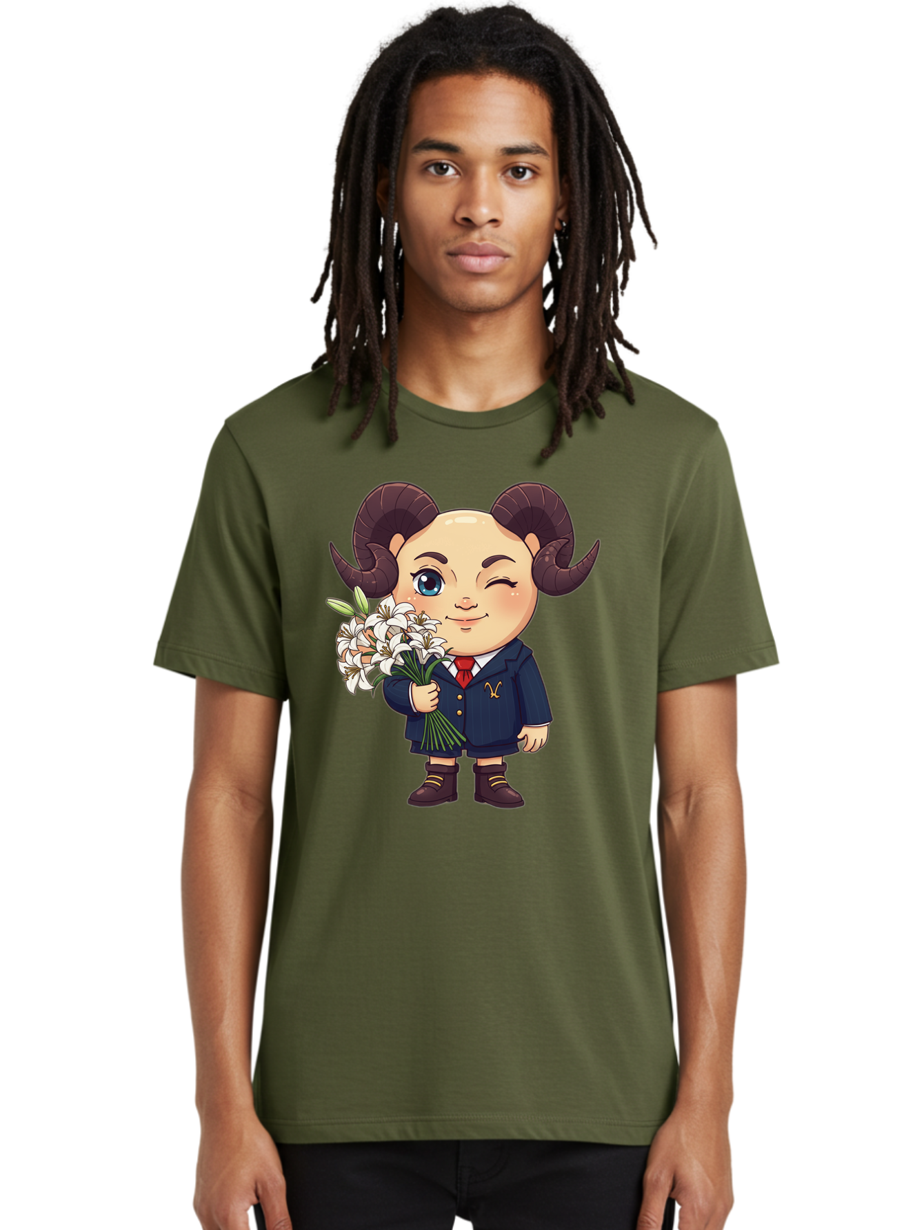 Aries-Zodiac-Cartoon-Character Men'S Graphic Tee, 100% Cotton, Comfortable Casual Summer Wear, Machine Washable, Cartoon Aries Character, Formal Attire, Bouquet Of White Flowers, Astrology Symbol, Zodiac Sign, Unique Illustration, Bae117