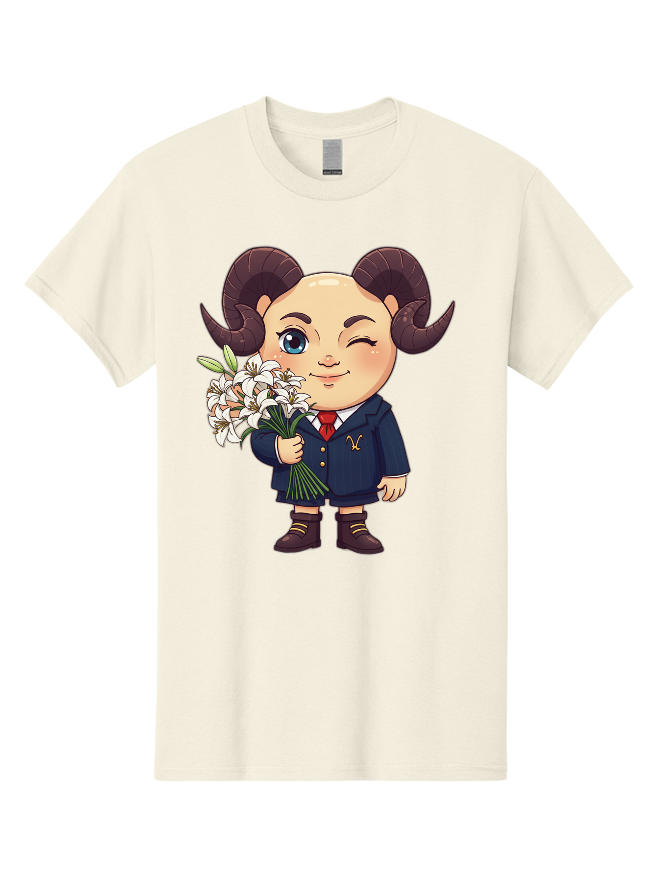Aries-Zodiac-Cartoon-Character Men'S Graphic Tee, 100% Cotton, Comfortable Casual Summer Wear, Machine Washable, Cartoon Aries Character, Formal Attire, Bouquet Of White Flowers, Astrology Symbol, Zodiac Sign, Unique Illustration, Bae117