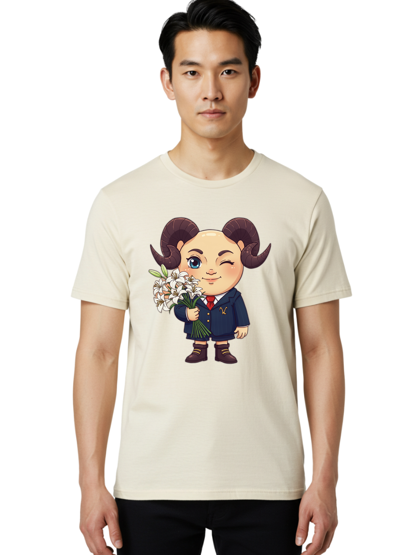Aries-Zodiac-Cartoon-Character Men'S Graphic Tee, 100% Cotton, Comfortable Casual Summer Wear, Machine Washable, Cartoon Aries Character, Formal Attire, Bouquet Of White Flowers, Astrology Symbol, Zodiac Sign, Unique Illustration, Bae117