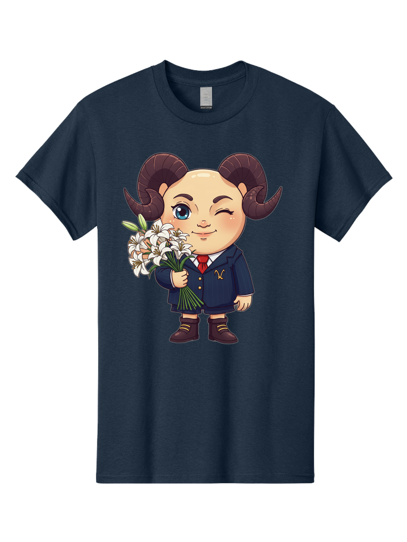 Aries-Zodiac-Cartoon-Character Men'S Graphic Tee, 100% Cotton, Comfortable Casual Summer Wear, Machine Washable, Cartoon Aries Character, Formal Attire, Bouquet Of White Flowers, Astrology Symbol, Zodiac Sign, Unique Illustration, Bae117