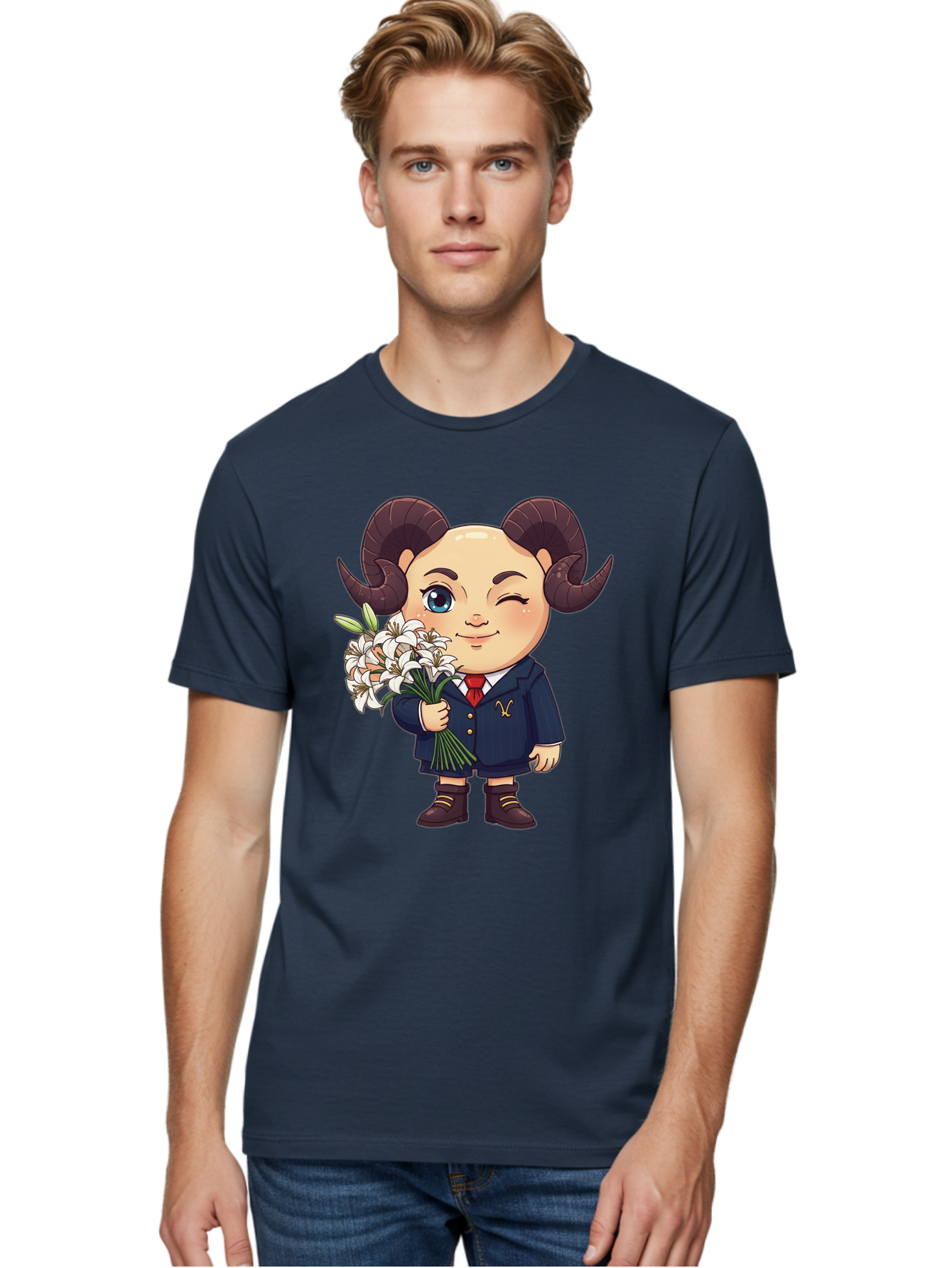 Aries-Zodiac-Cartoon-Character Men'S Graphic Tee, 100% Cotton, Comfortable Casual Summer Wear, Machine Washable, Cartoon Aries Character, Formal Attire, Bouquet Of White Flowers, Astrology Symbol, Zodiac Sign, Unique Illustration, Bae117