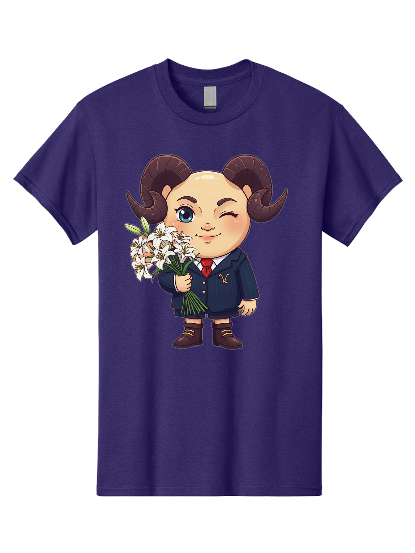 Aries-Zodiac-Cartoon-Character Men'S Graphic Tee, 100% Cotton, Comfortable Casual Summer Wear, Machine Washable, Cartoon Aries Character, Formal Attire, Bouquet Of White Flowers, Astrology Symbol, Zodiac Sign, Unique Illustration, Bae117