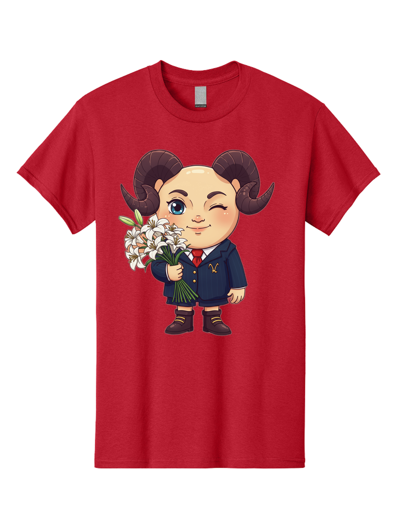 Aries-Zodiac-Cartoon-Character Men'S Graphic Tee, 100% Cotton, Comfortable Casual Summer Wear, Machine Washable, Cartoon Aries Character, Formal Attire, Bouquet Of White Flowers, Astrology Symbol, Zodiac Sign, Unique Illustration, Bae117