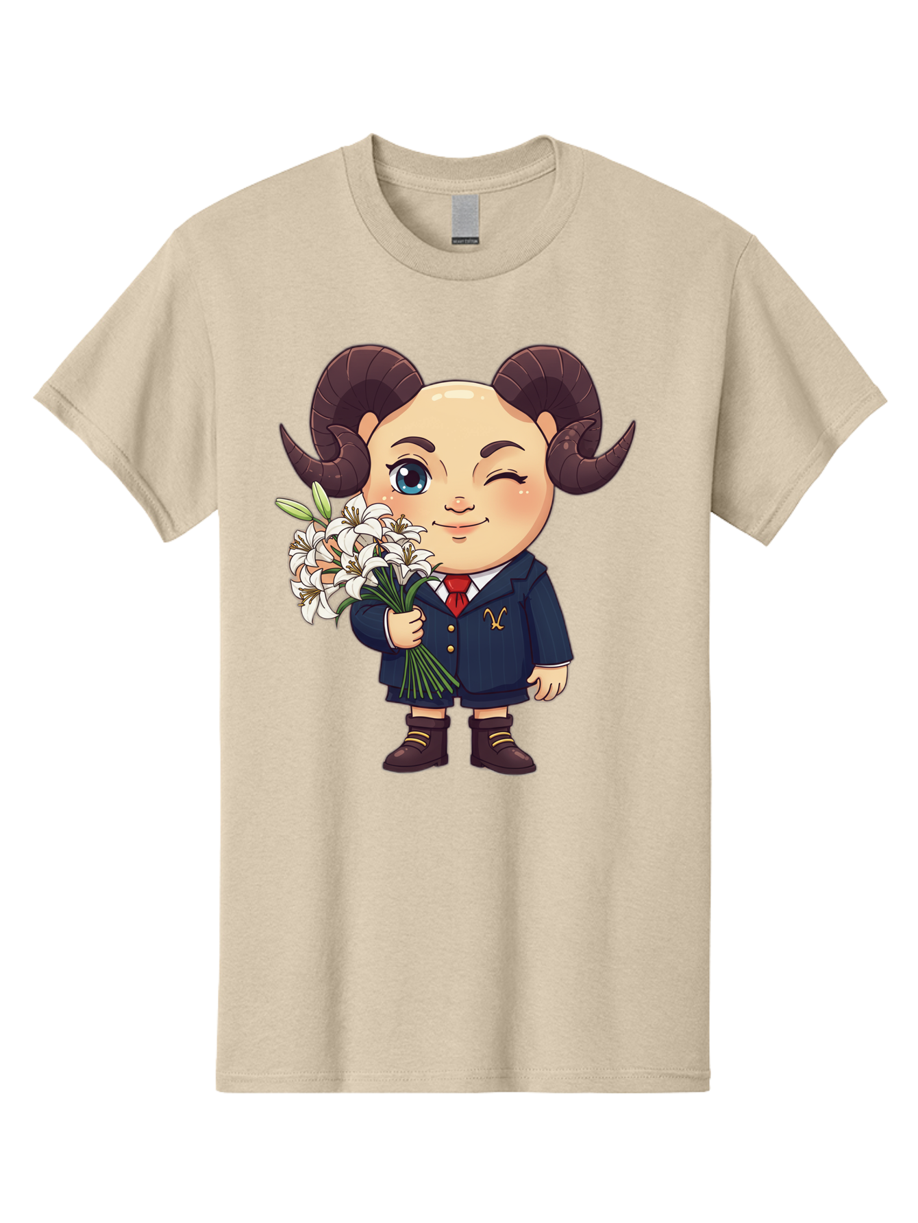 Aries-Zodiac-Cartoon-Character Men'S Graphic Tee, 100% Cotton, Comfortable Casual Summer Wear, Machine Washable, Cartoon Aries Character, Formal Attire, Bouquet Of White Flowers, Astrology Symbol, Zodiac Sign, Unique Illustration, Bae117