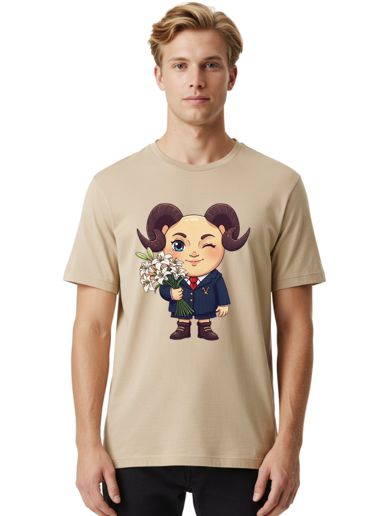 Aries-Zodiac-Cartoon-Character Men'S Graphic Tee, 100% Cotton, Comfortable Casual Summer Wear, Machine Washable, Cartoon Aries Character, Formal Attire, Bouquet Of White Flowers, Astrology Symbol, Zodiac Sign, Unique Illustration, Bae117
