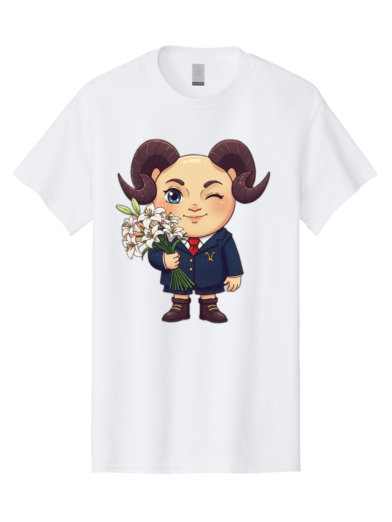 Aries-Zodiac-Cartoon-Character Men'S Graphic Tee, 100% Cotton, Comfortable Casual Summer Wear, Machine Washable, Cartoon Aries Character, Formal Attire, Bouquet Of White Flowers, Astrology Symbol, Zodiac Sign, Unique Illustration, Bae117