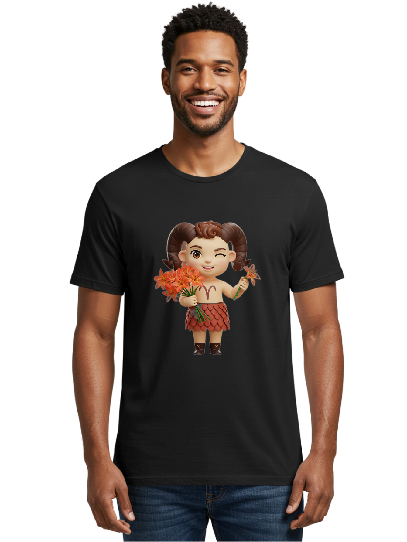 Aries-Zodiac-Character Men'S Graphic Tee, 100% Cotton, Comfortable Casual Summer Wear, Machine Washable, Cartoon Aries Zodiac Sign, Ram Horns, Astrology Symbol, Orange Flowers, Floral Arrangement, Zodiac Character Design, Fantasy Creature, Bae118