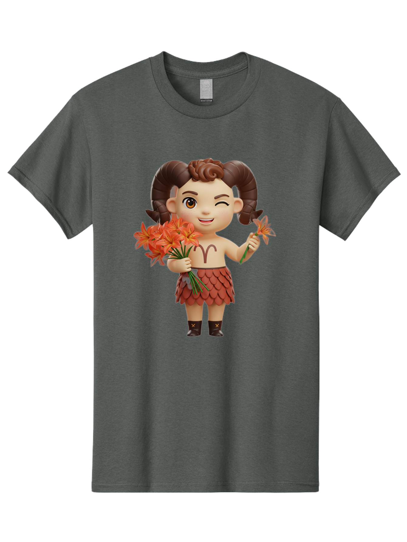 Aries-Zodiac-Character Men'S Graphic Tee, 100% Cotton, Comfortable Casual Summer Wear, Machine Washable, Cartoon Aries Zodiac Sign, Ram Horns, Astrology Symbol, Orange Flowers, Floral Arrangement, Zodiac Character Design, Fantasy Creature, Bae118