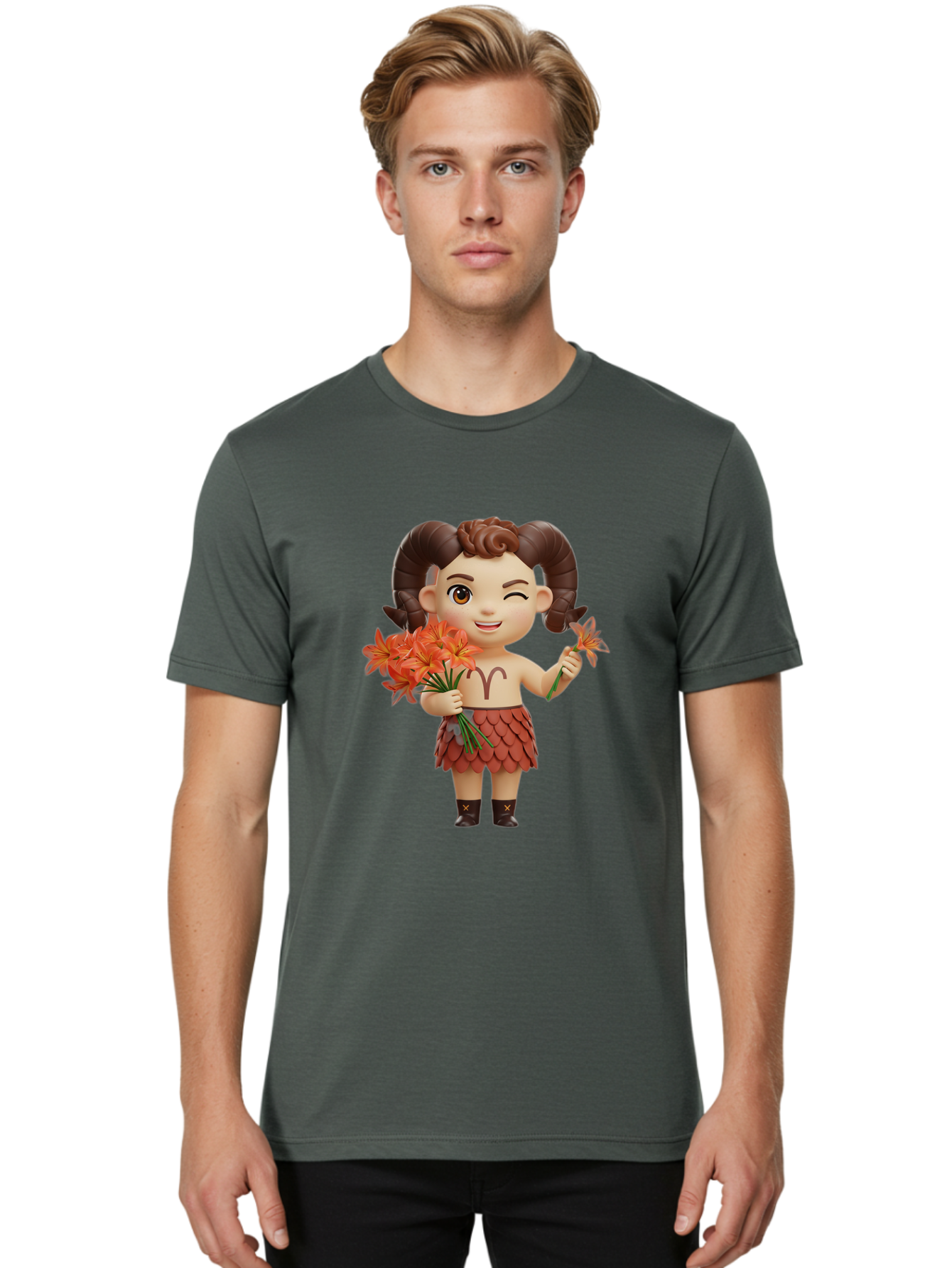 Aries-Zodiac-Character Men'S Graphic Tee, 100% Cotton, Comfortable Casual Summer Wear, Machine Washable, Cartoon Aries Zodiac Sign, Ram Horns, Astrology Symbol, Orange Flowers, Floral Arrangement, Zodiac Character Design, Fantasy Creature, Bae118
