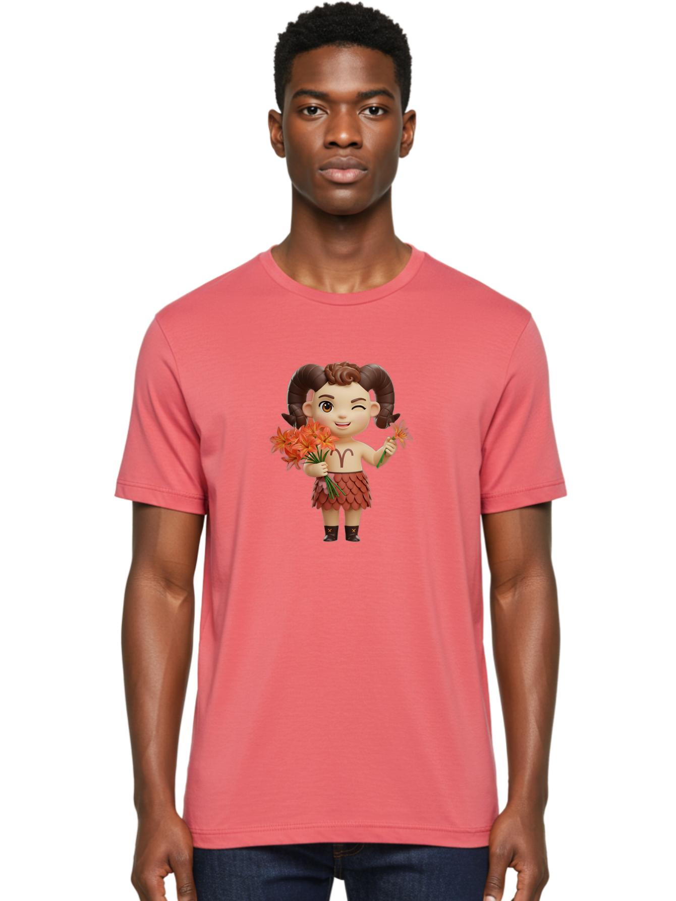 Aries-Zodiac-Character Men'S Graphic Tee, 100% Cotton, Comfortable Casual Summer Wear, Machine Washable, Cartoon Aries Zodiac Sign, Ram Horns, Astrology Symbol, Orange Flowers, Floral Arrangement, Zodiac Character Design, Fantasy Creature, Bae118