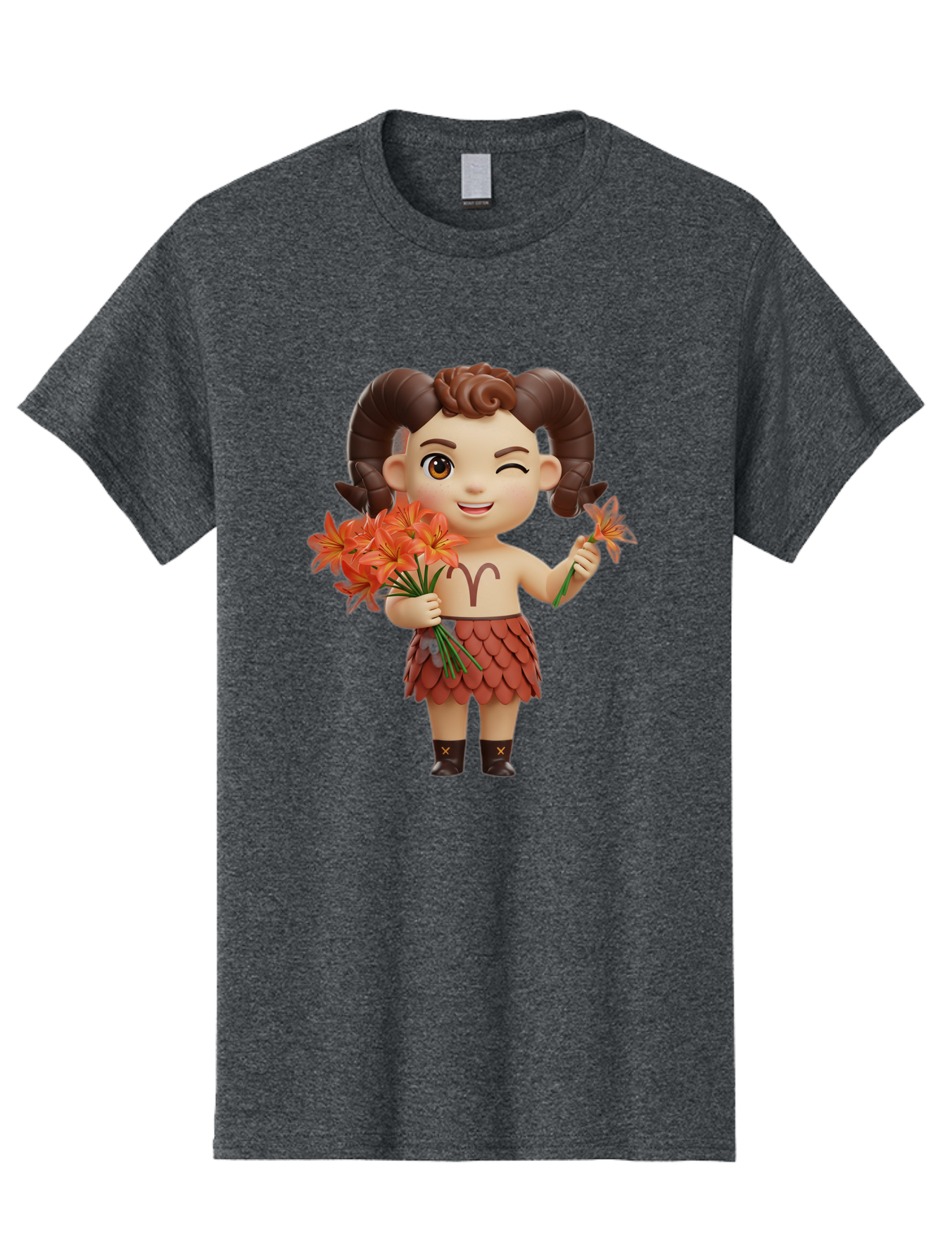 Aries-Zodiac-Character Men'S Graphic Tee, 100% Cotton, Comfortable Casual Summer Wear, Machine Washable, Cartoon Aries Zodiac Sign, Ram Horns, Astrology Symbol, Orange Flowers, Floral Arrangement, Zodiac Character Design, Fantasy Creature, Bae118