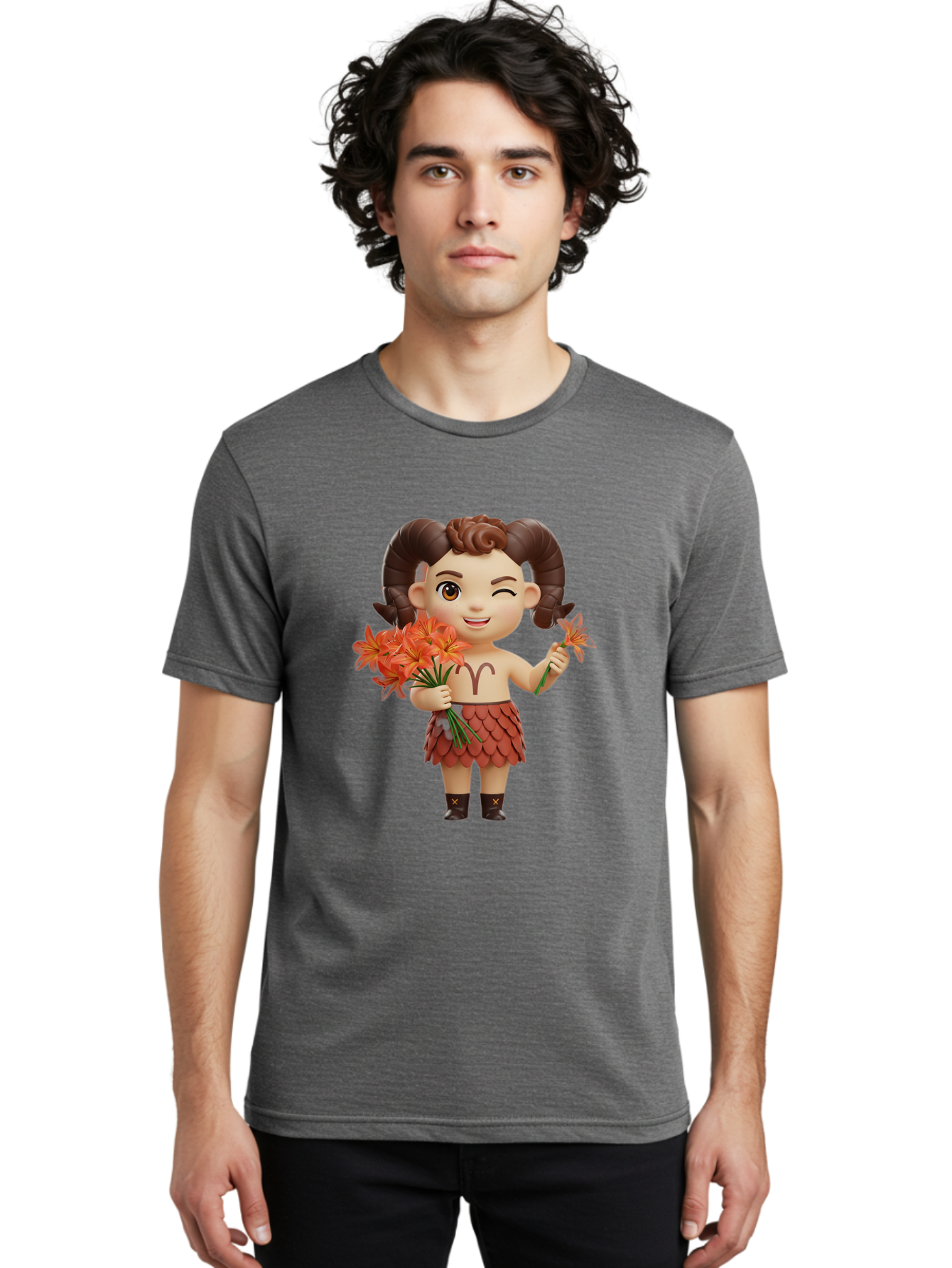 Aries-Zodiac-Character Men'S Graphic Tee, 100% Cotton, Comfortable Casual Summer Wear, Machine Washable, Cartoon Aries Zodiac Sign, Ram Horns, Astrology Symbol, Orange Flowers, Floral Arrangement, Zodiac Character Design, Fantasy Creature, Bae118