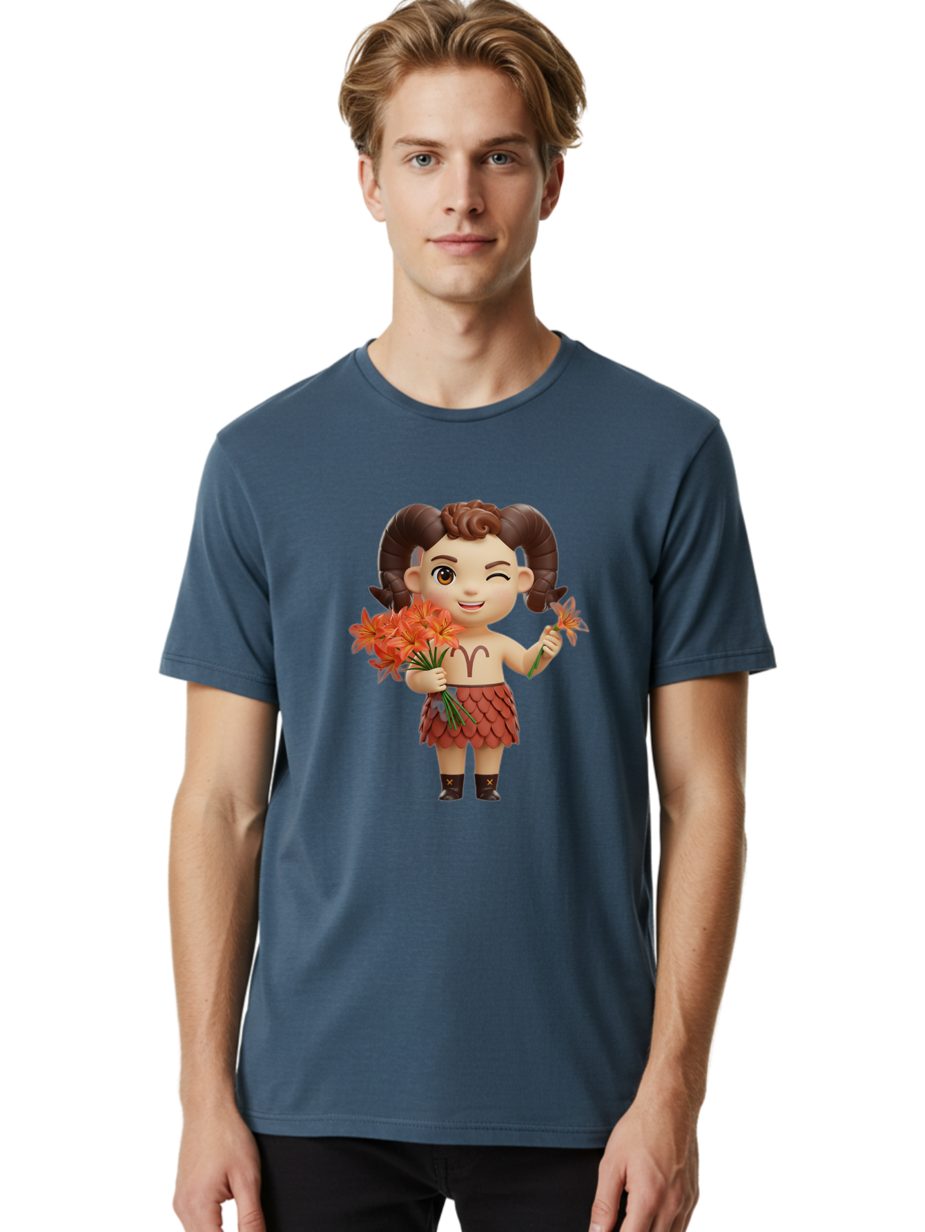 Aries-Zodiac-Character Men'S Graphic Tee, 100% Cotton, Comfortable Casual Summer Wear, Machine Washable, Cartoon Aries Zodiac Sign, Ram Horns, Astrology Symbol, Orange Flowers, Floral Arrangement, Zodiac Character Design, Fantasy Creature, Bae118