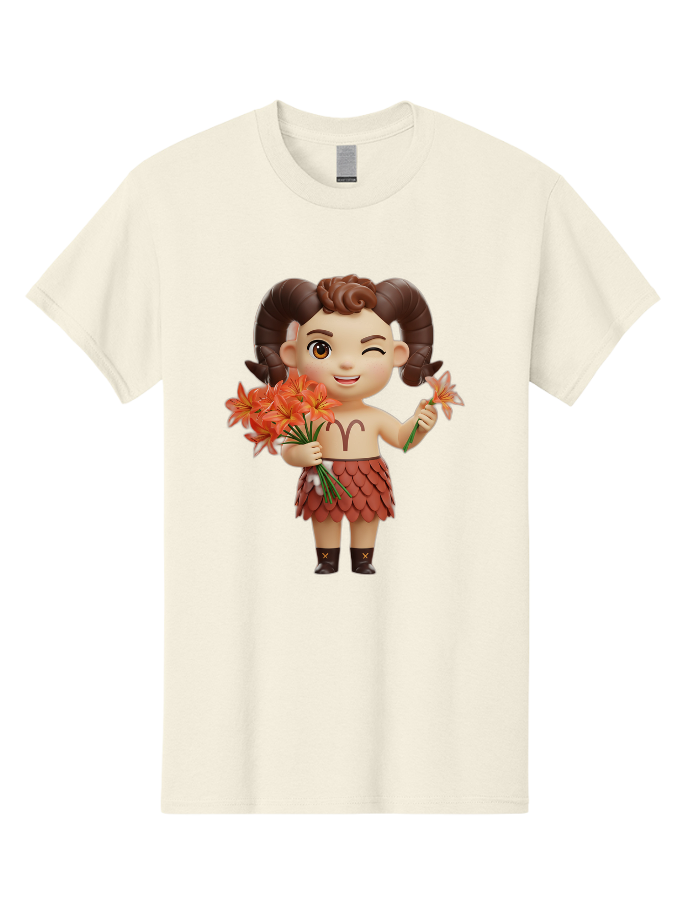 Aries-Zodiac-Character Men'S Graphic Tee, 100% Cotton, Comfortable Casual Summer Wear, Machine Washable, Cartoon Aries Zodiac Sign, Ram Horns, Astrology Symbol, Orange Flowers, Floral Arrangement, Zodiac Character Design, Fantasy Creature, Bae118