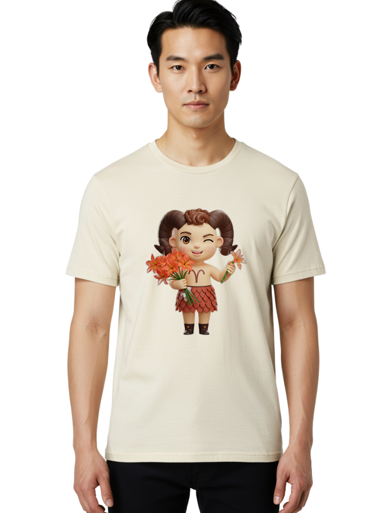 Aries-Zodiac-Character Men'S Graphic Tee, 100% Cotton, Comfortable Casual Summer Wear, Machine Washable, Cartoon Aries Zodiac Sign, Ram Horns, Astrology Symbol, Orange Flowers, Floral Arrangement, Zodiac Character Design, Fantasy Creature, Bae118