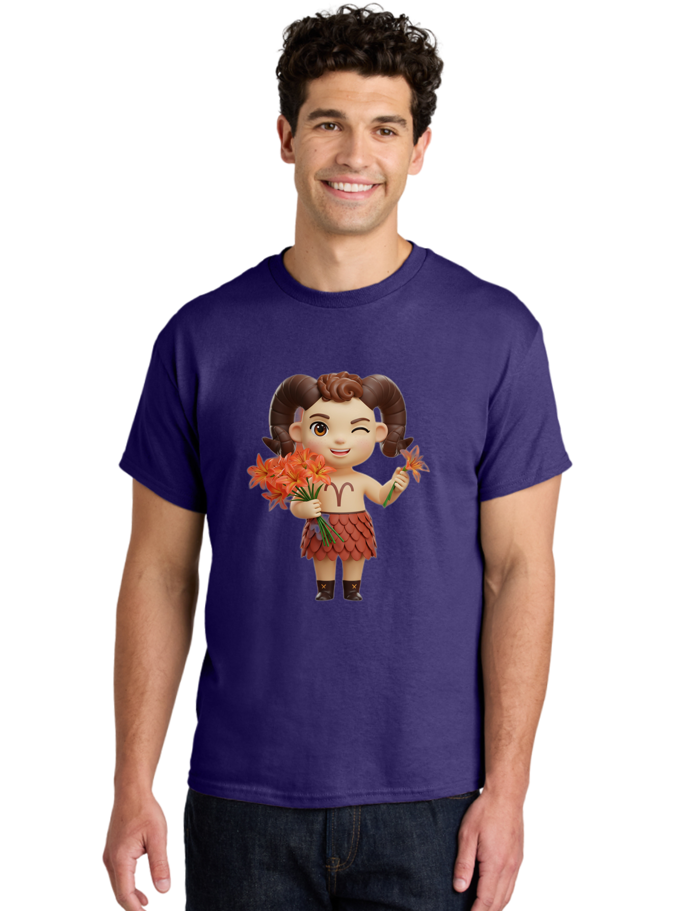 Aries-Zodiac-Character Men'S Graphic Tee, 100% Cotton, Comfortable Casual Summer Wear, Machine Washable, Cartoon Aries Zodiac Sign, Ram Horns, Astrology Symbol, Orange Flowers, Floral Arrangement, Zodiac Character Design, Fantasy Creature, Bae118